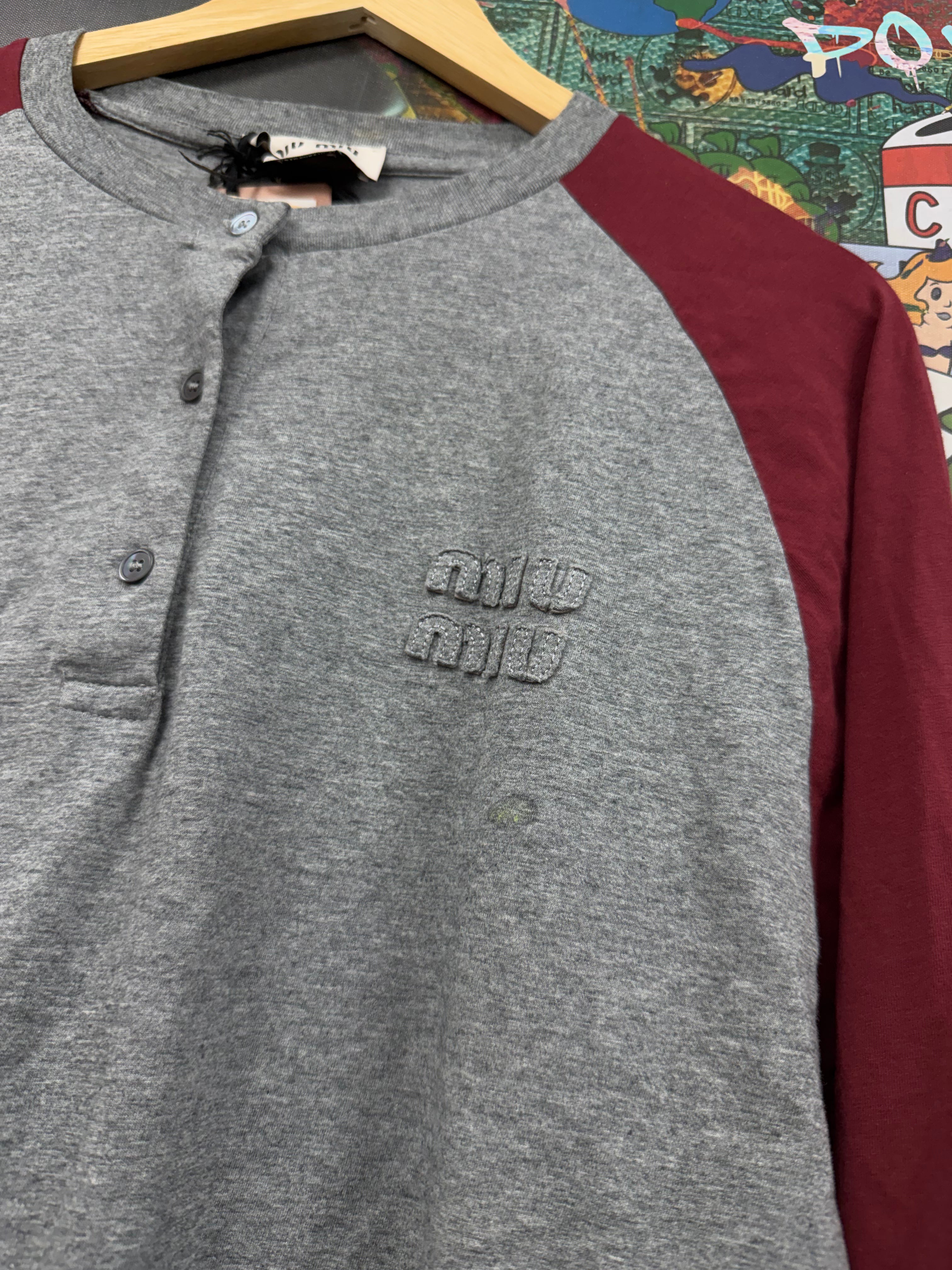 Miu Miu Grey Maroon Baseball Raglan Jersey Long Sleeve