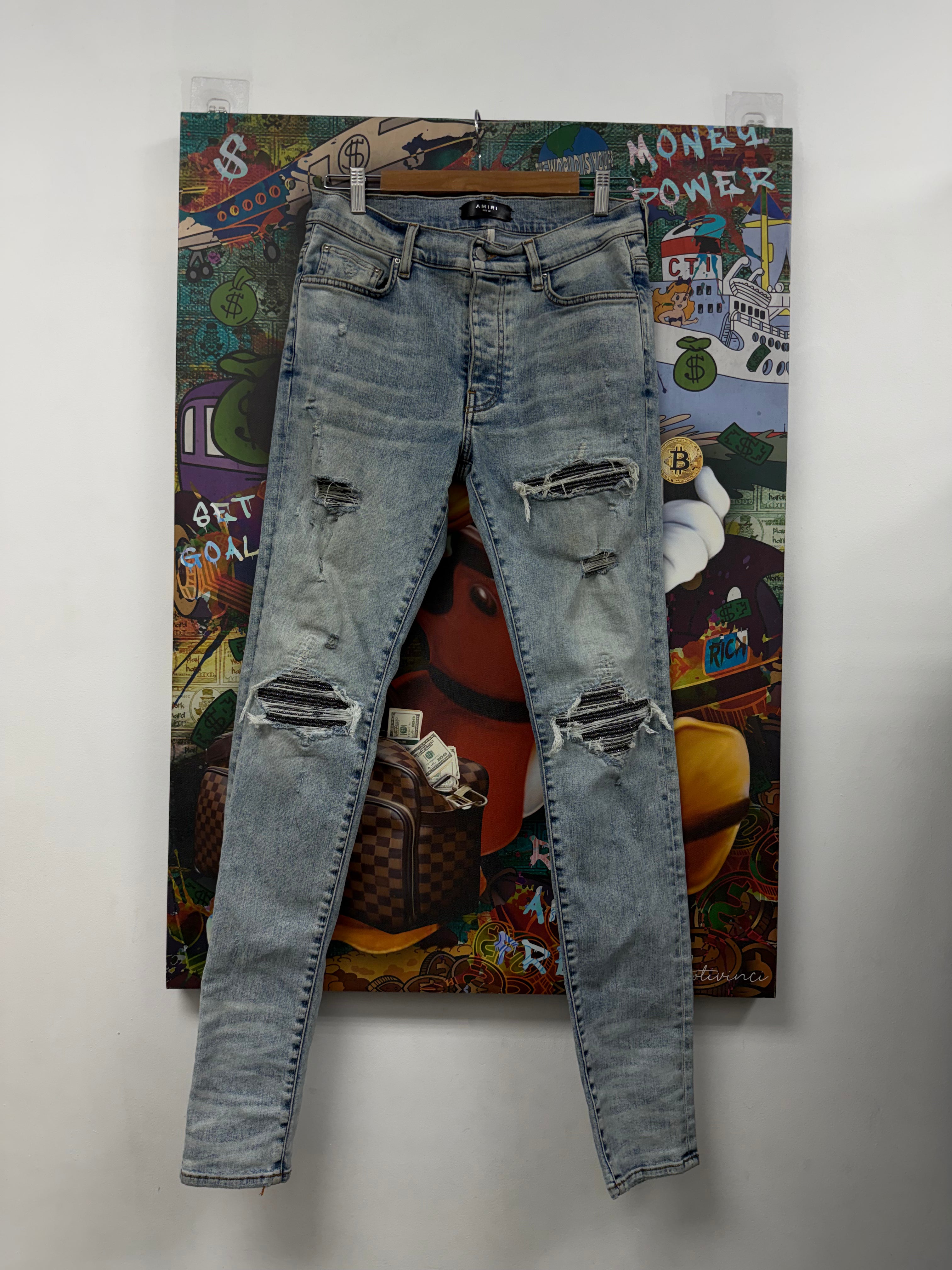 Amiri MX1 Light Wash Iridescent Patch Jeans