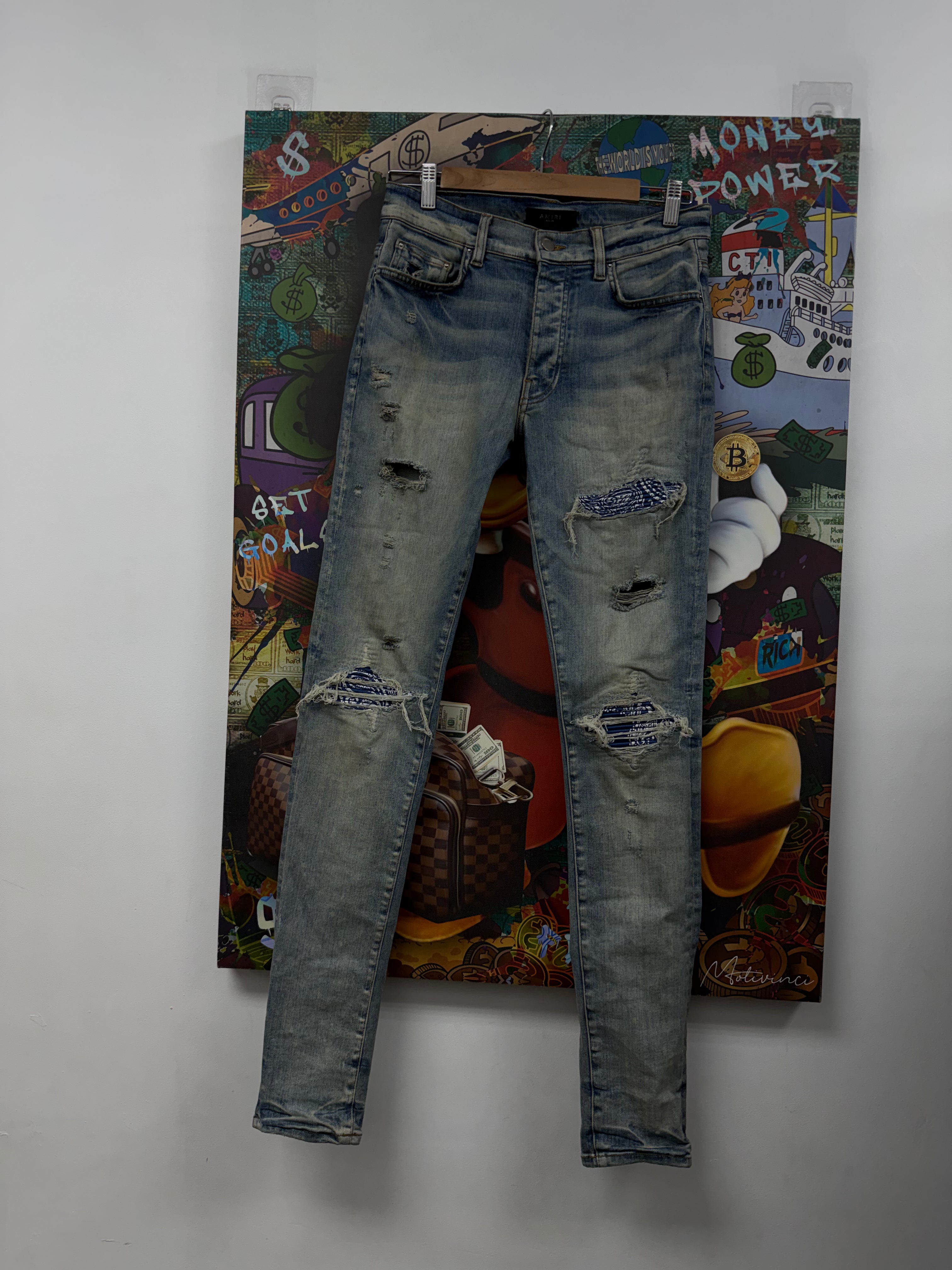 Amiri MX1 Aged Wash Blue Paisley Patch Jeans