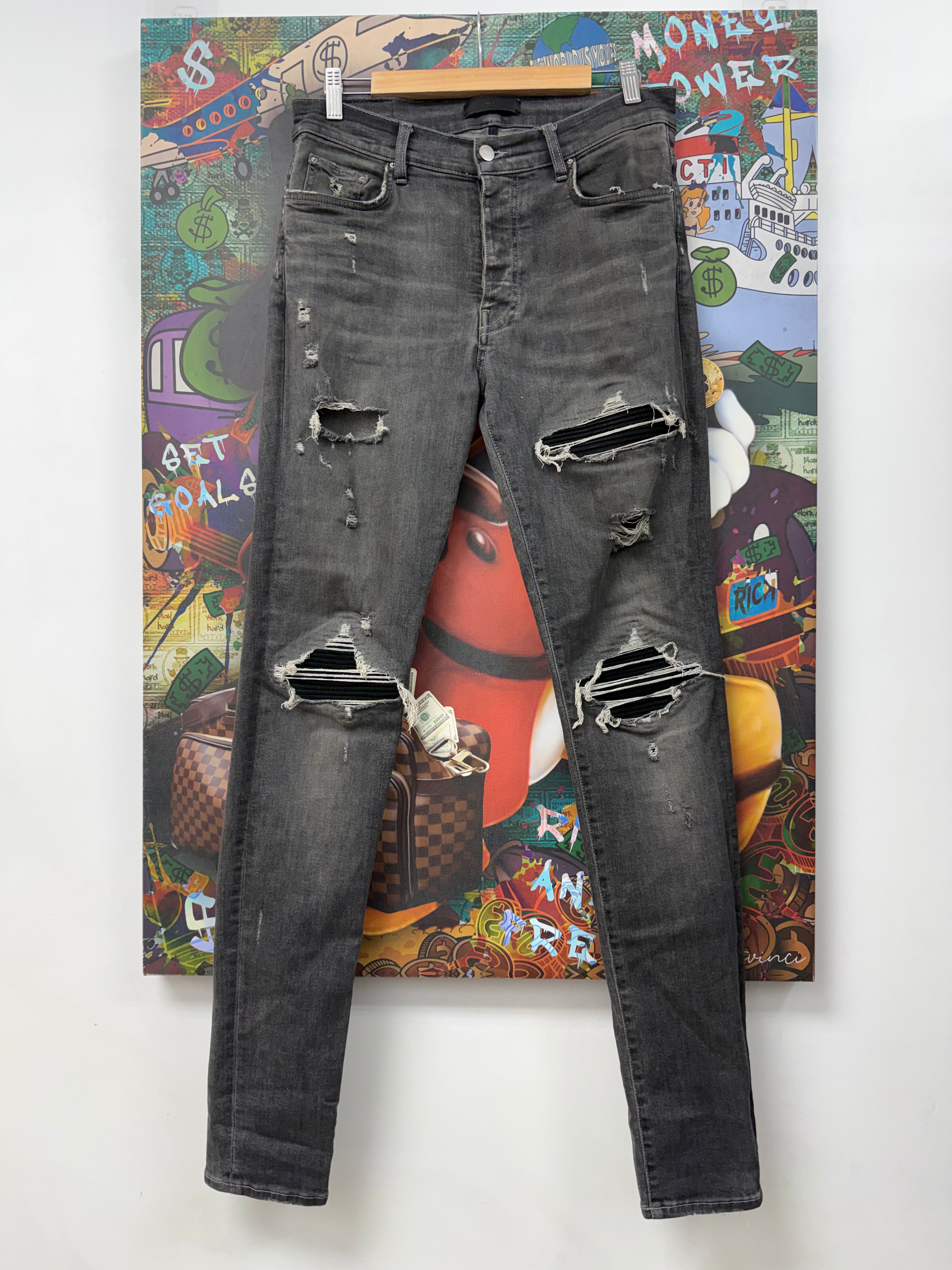 Amiri MX1 Grey Wash Black Suede Patch Jeans