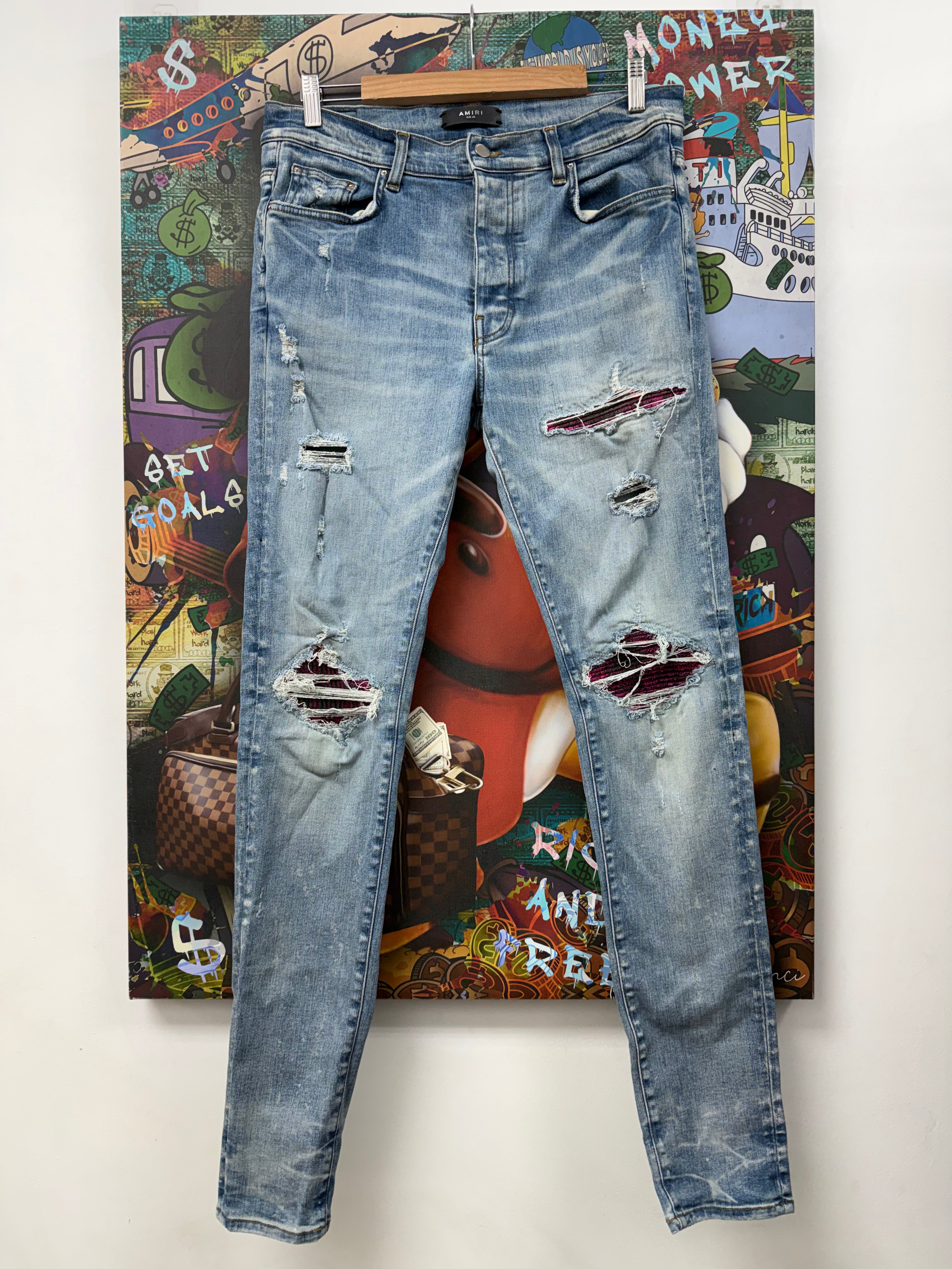 Amiri MX1 Light Wash Pink Crackle Patch Jeans