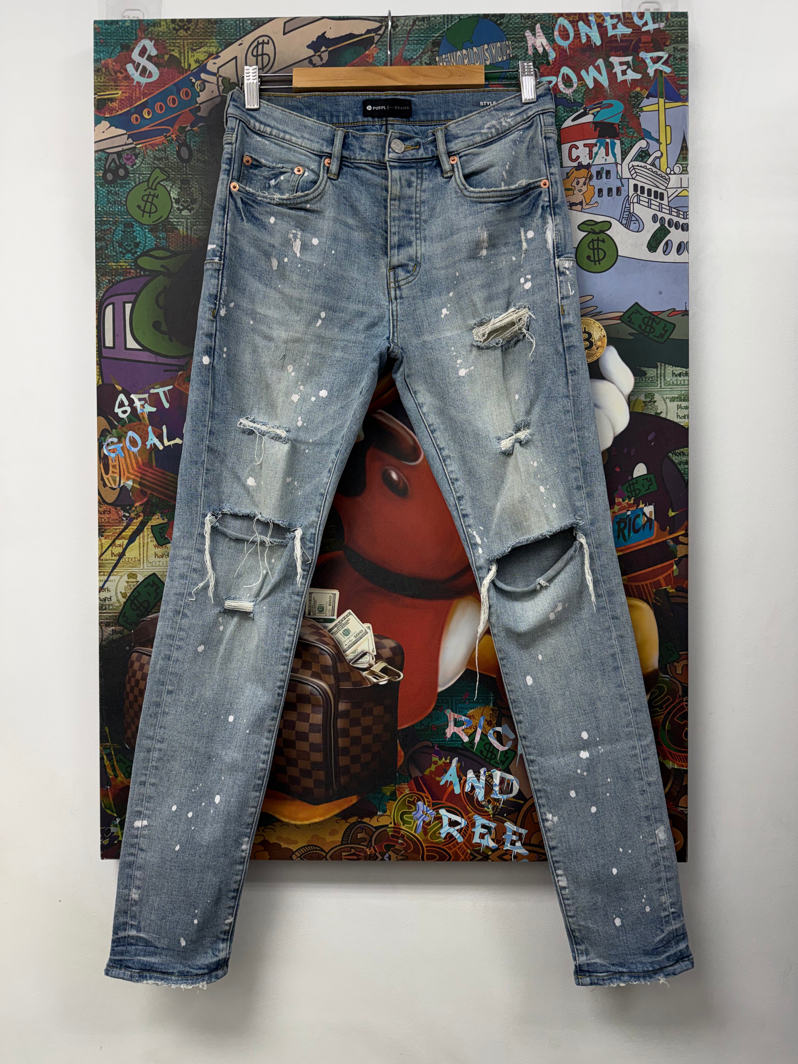 Purple Brand Light Wash Splatter Ripped Jeans