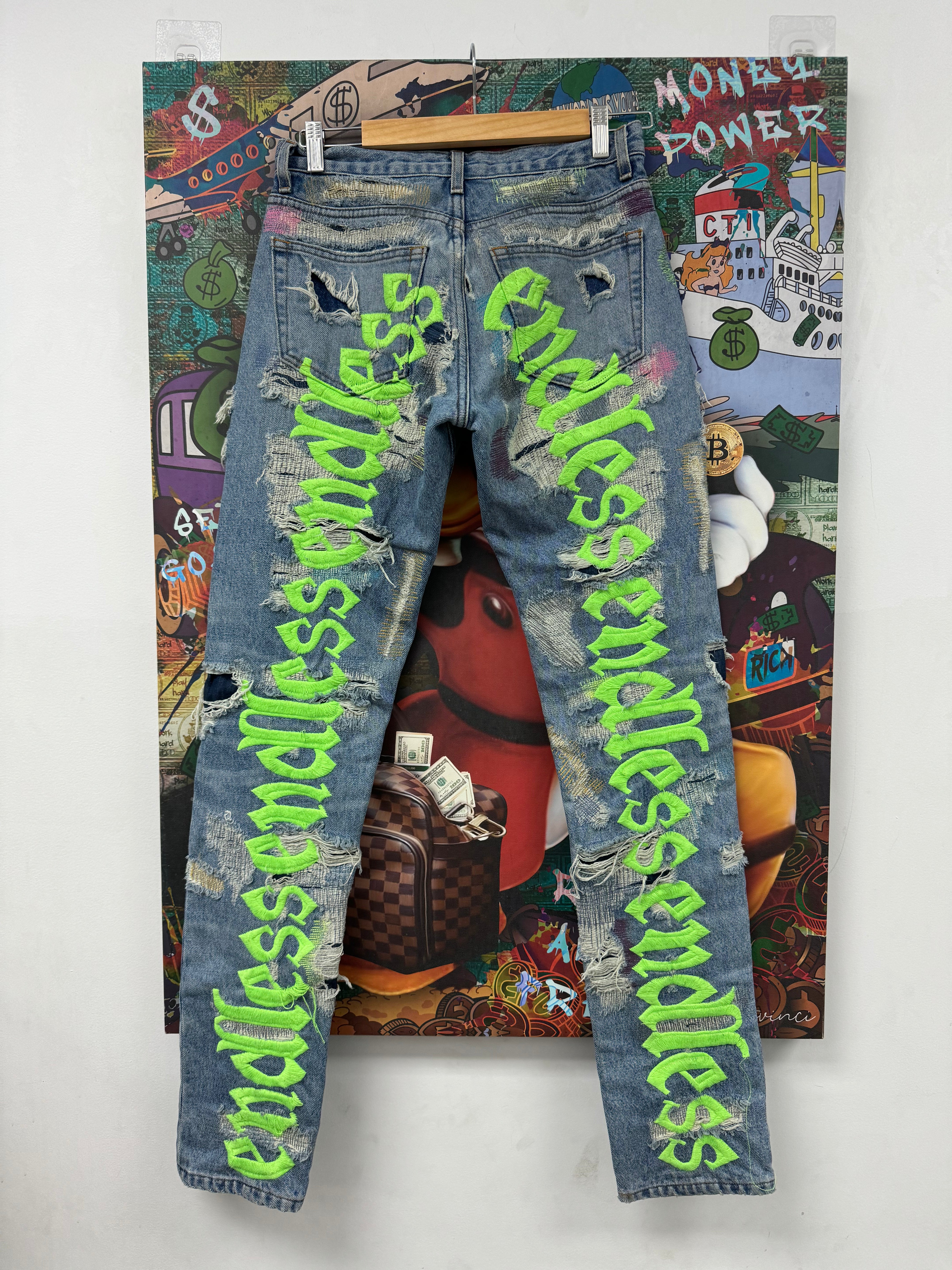 Endless Denim Jeans Light Wash Neon Green Used 28 N/A