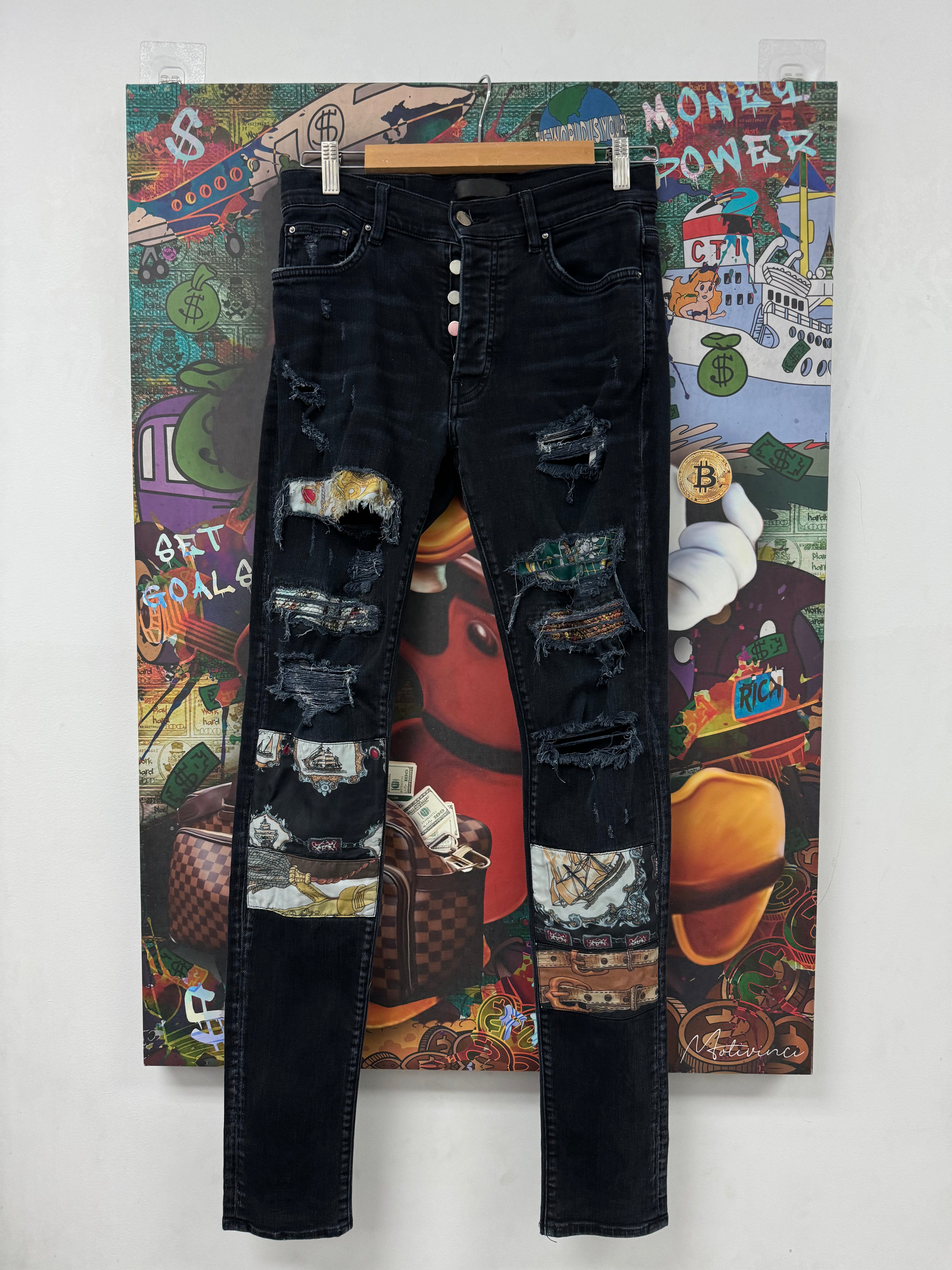 Amiri Jeans Black Teal Chain Patchwork Used 30 N/A