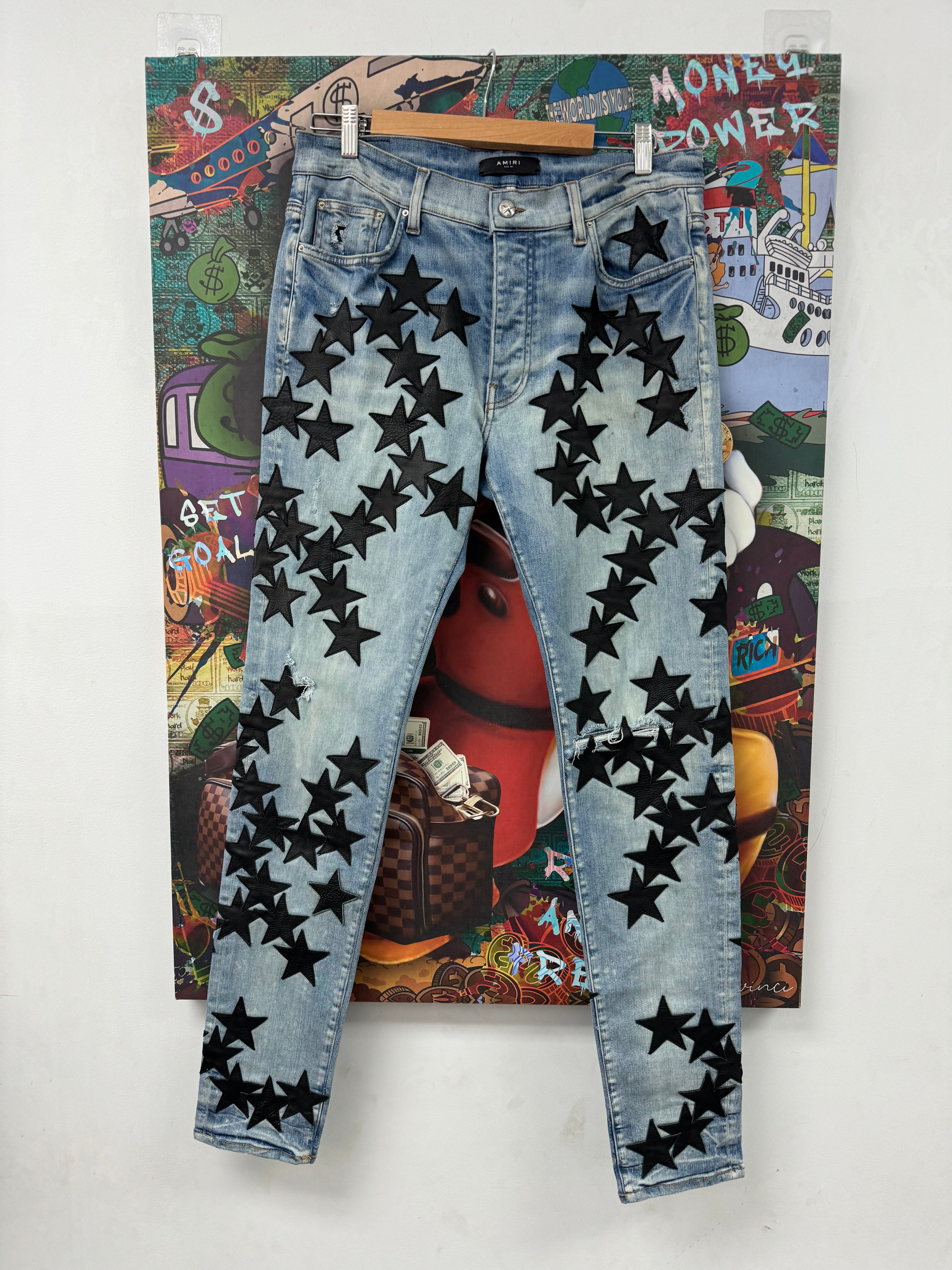 Amiri Jeans Light Wash Black Chemist Stars Used 34 N/A