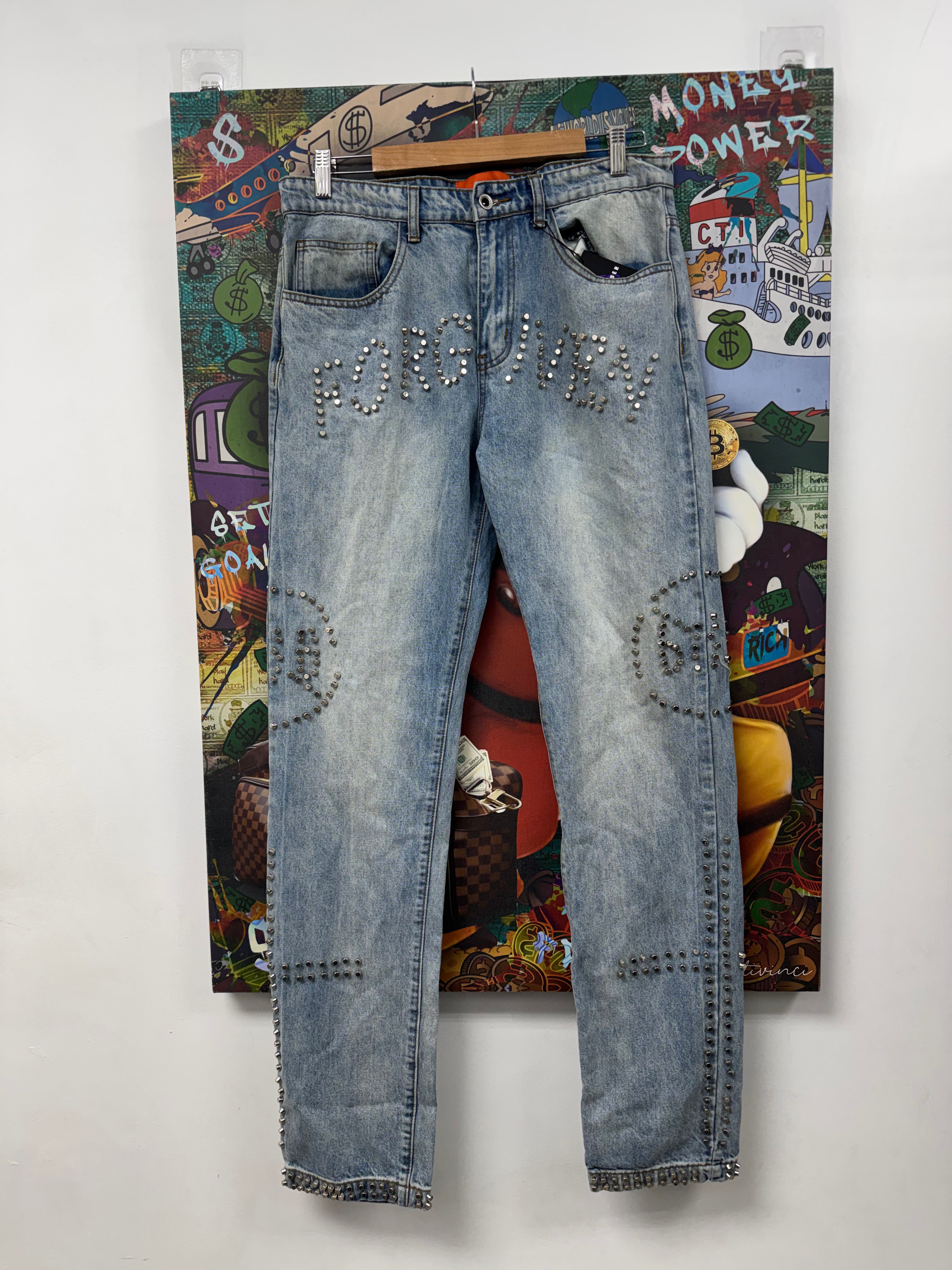 Who Decides War Light Wash Studded Jeans