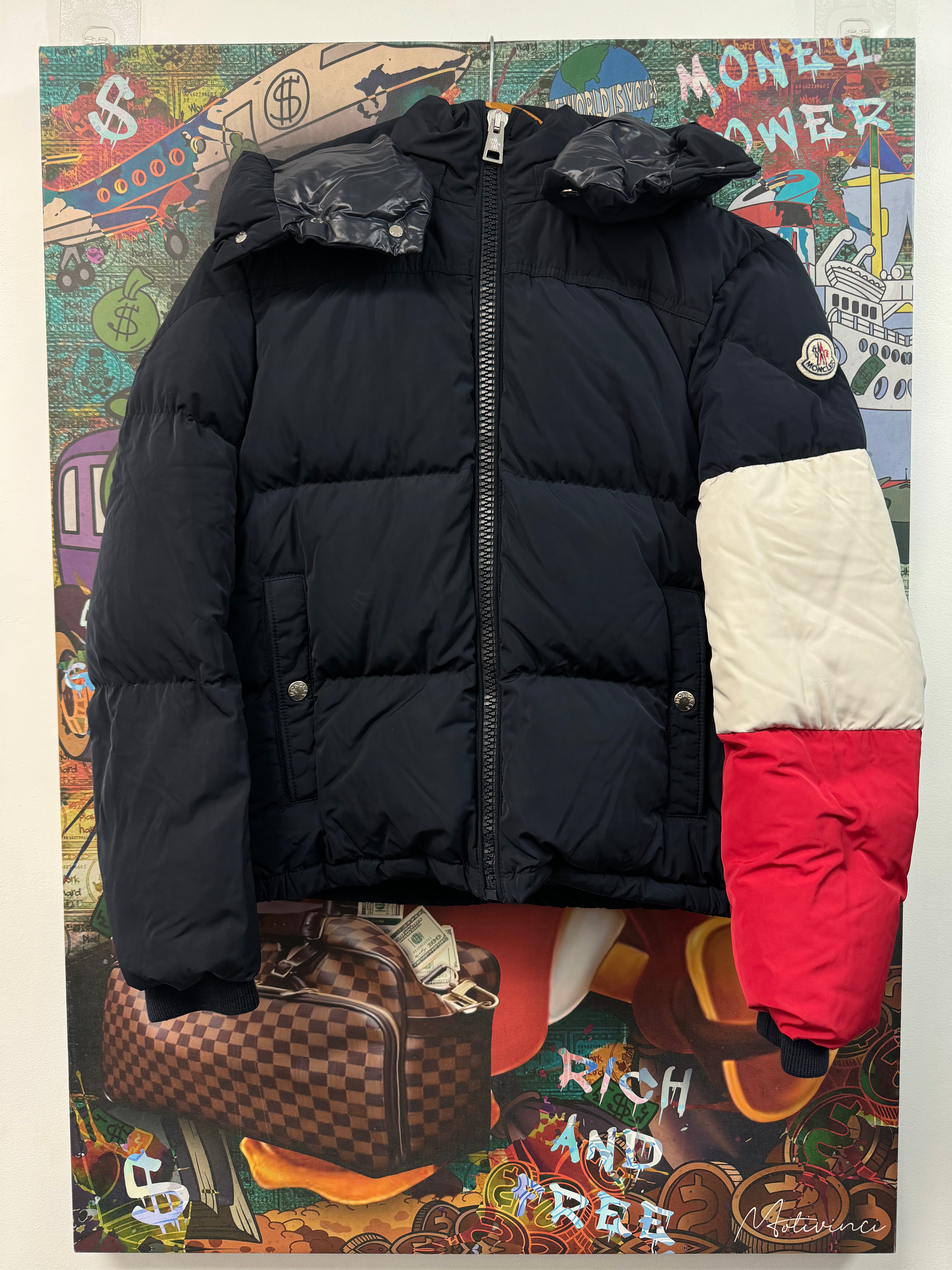 Moncler Puffer Jacket Navy Red White Sleeve Used 12 Anni (XS) N/A