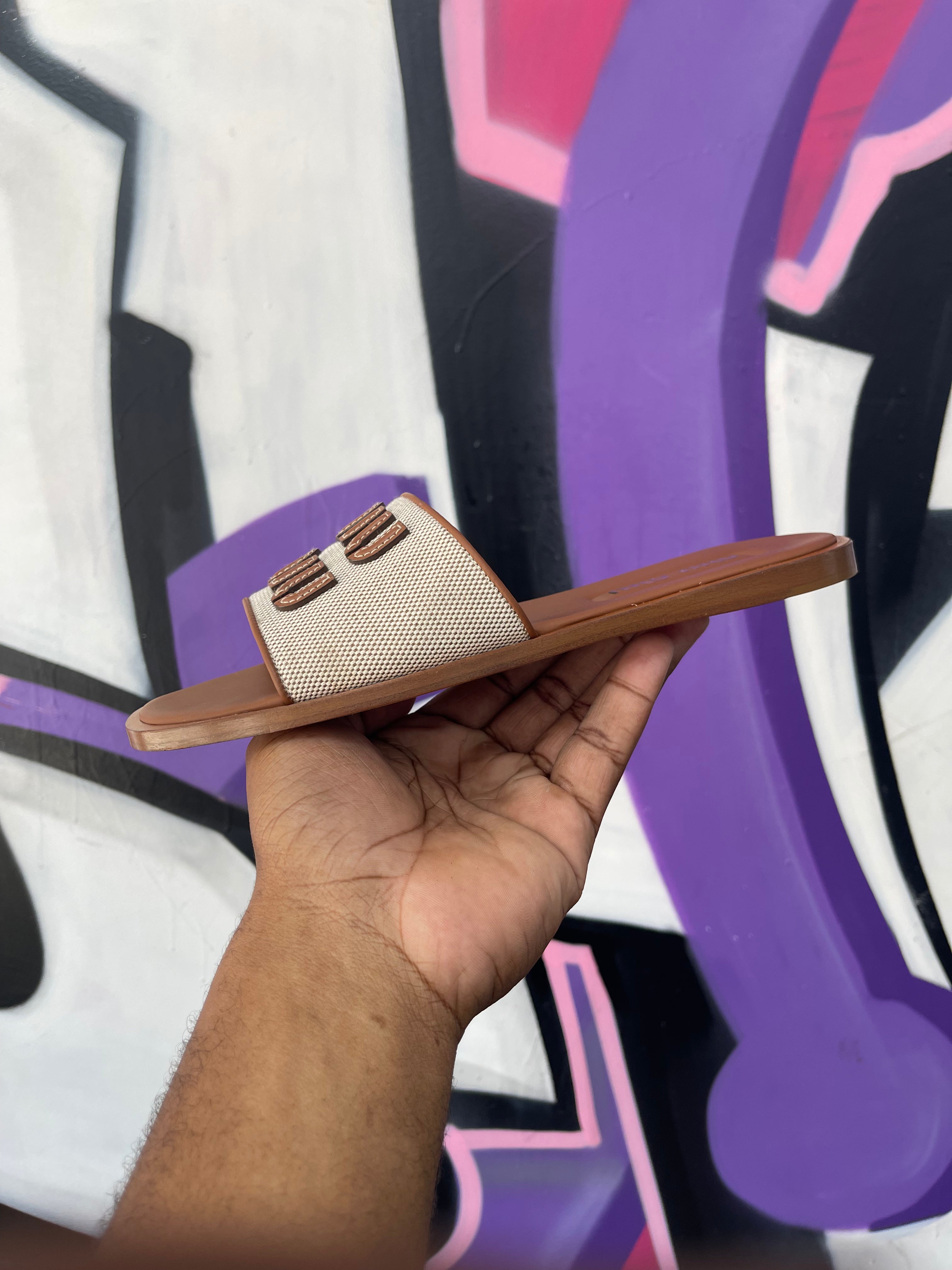 Miu Miu Brown Canvas Logo Flat Slides