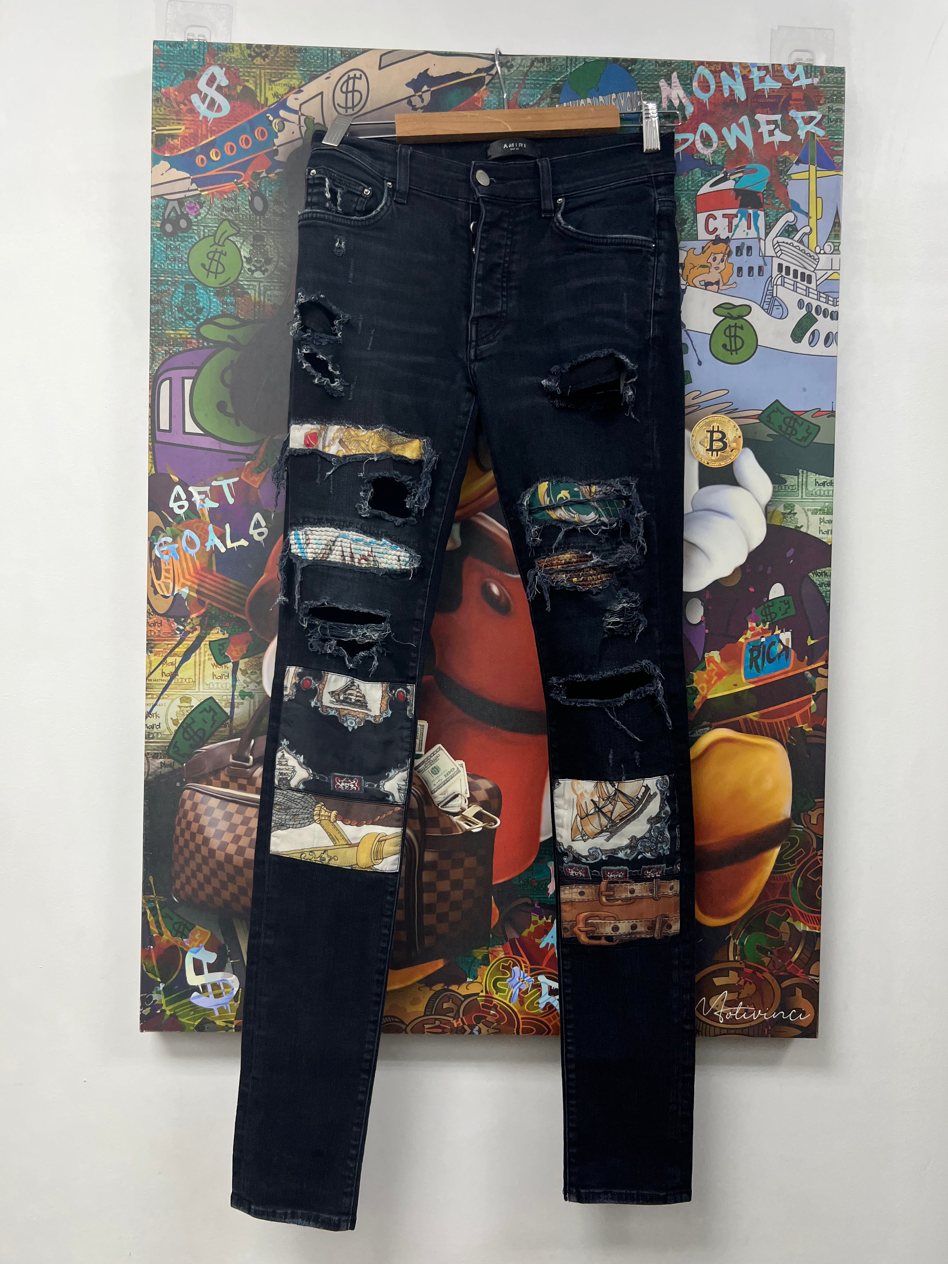 Amiri Black Teal Chain Patchwork Jeans