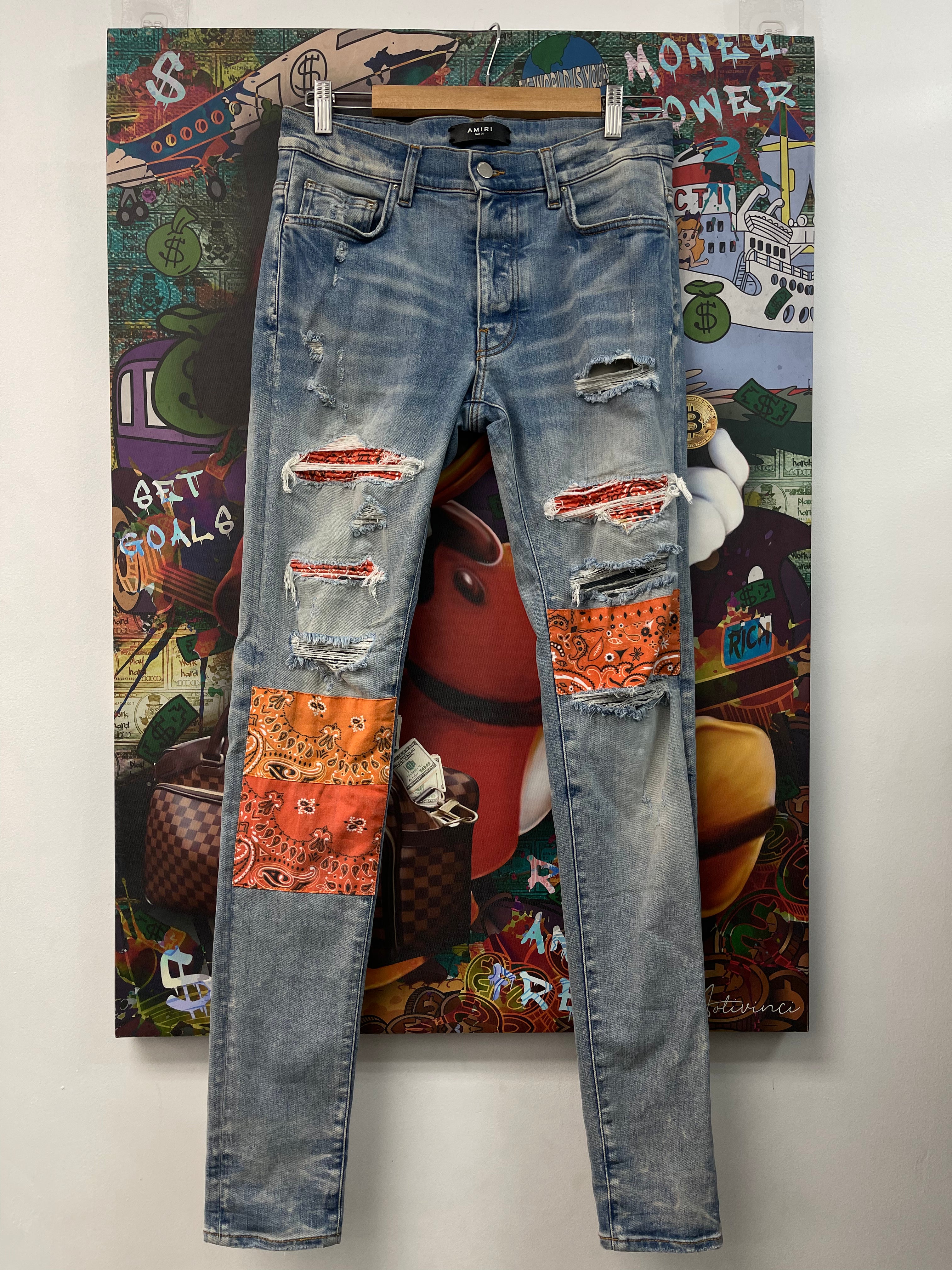 Amiri Light Wash Orange Paisley Patchwork Jeans
