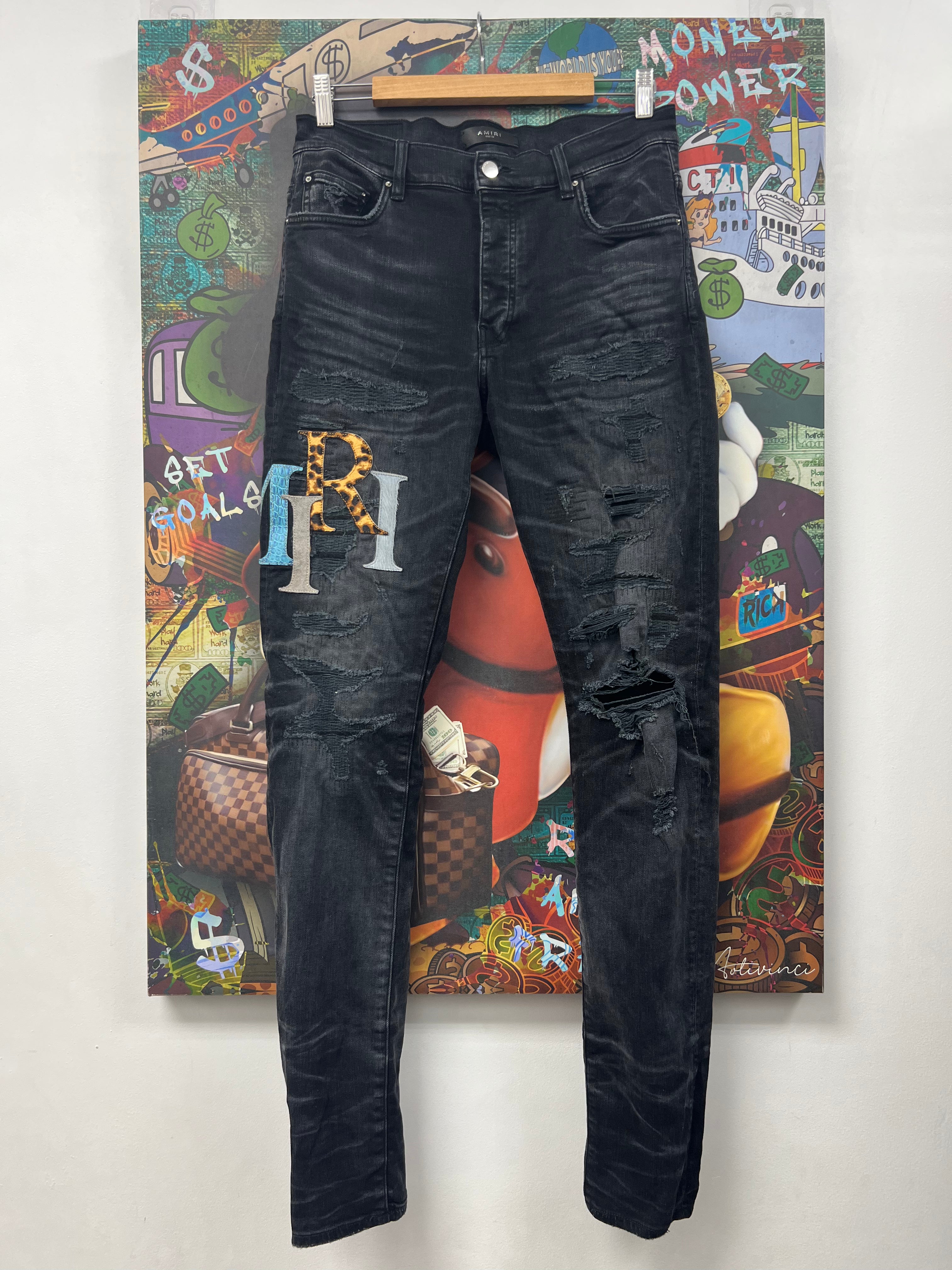 Amiri Black Multi Leopard Croc Distressed Staggered Logo Jeans