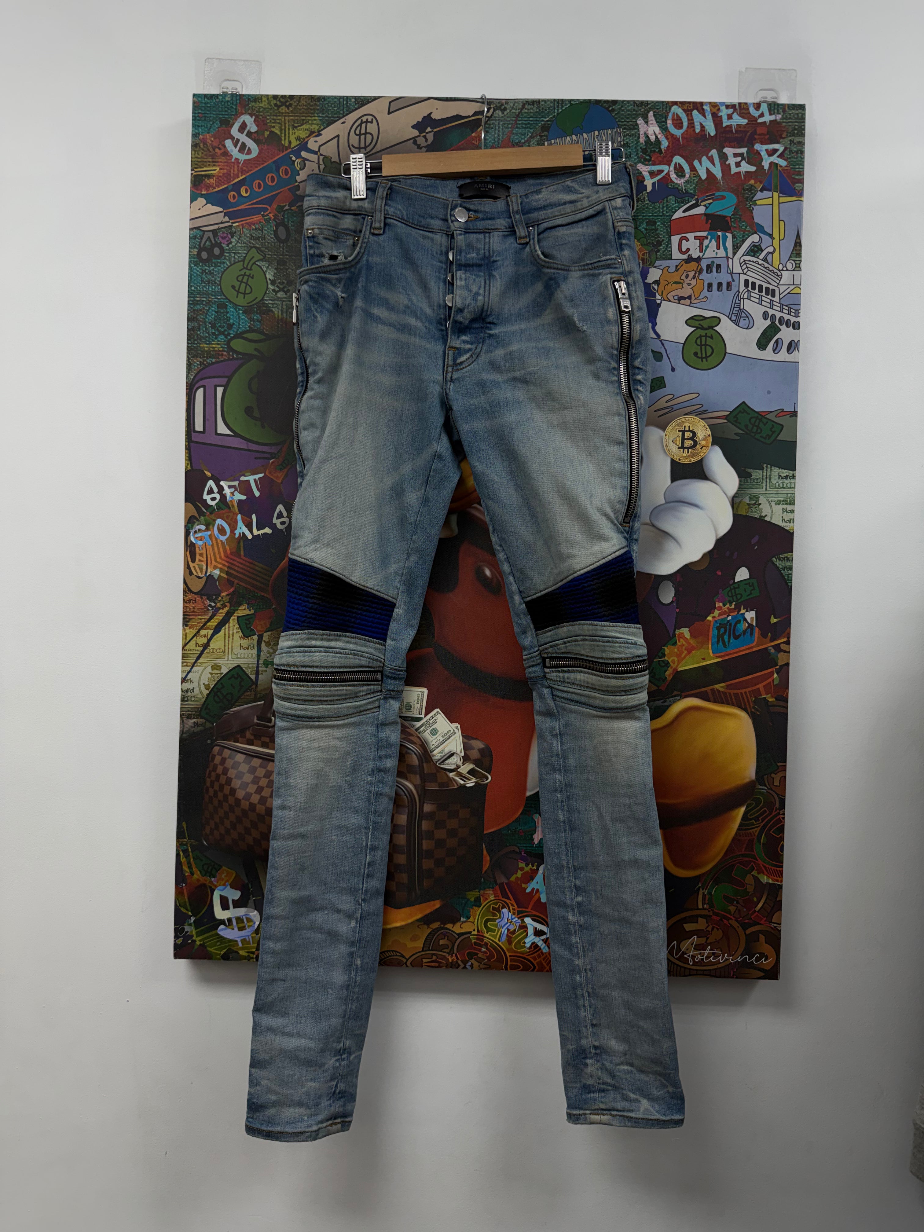 Amiri MX2 Light Wash Blue Black Plaid Patch Jeans