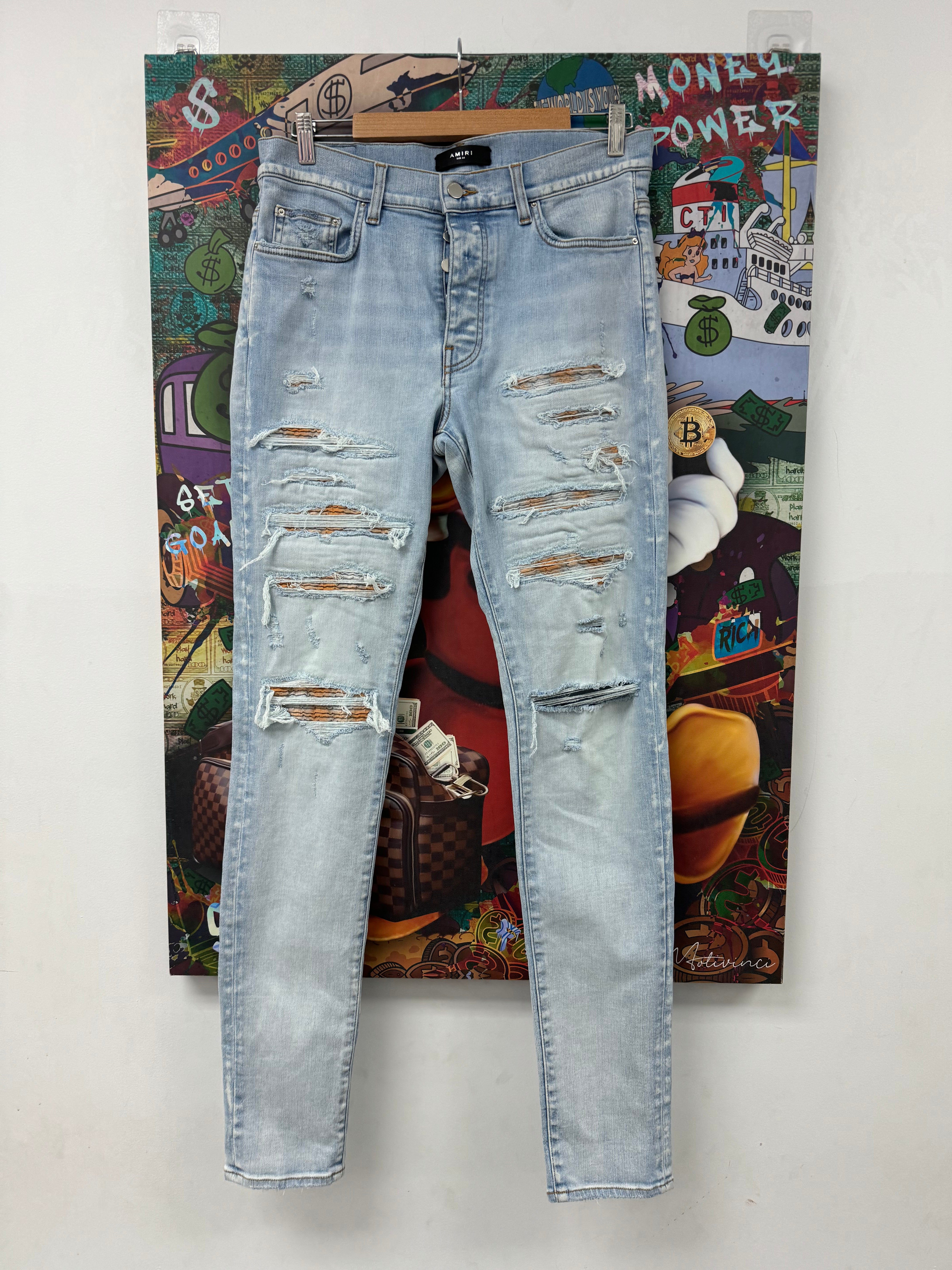 Amiri Jeans Light Wash Tan Plaid Thrasher Patch Used 34 N/A