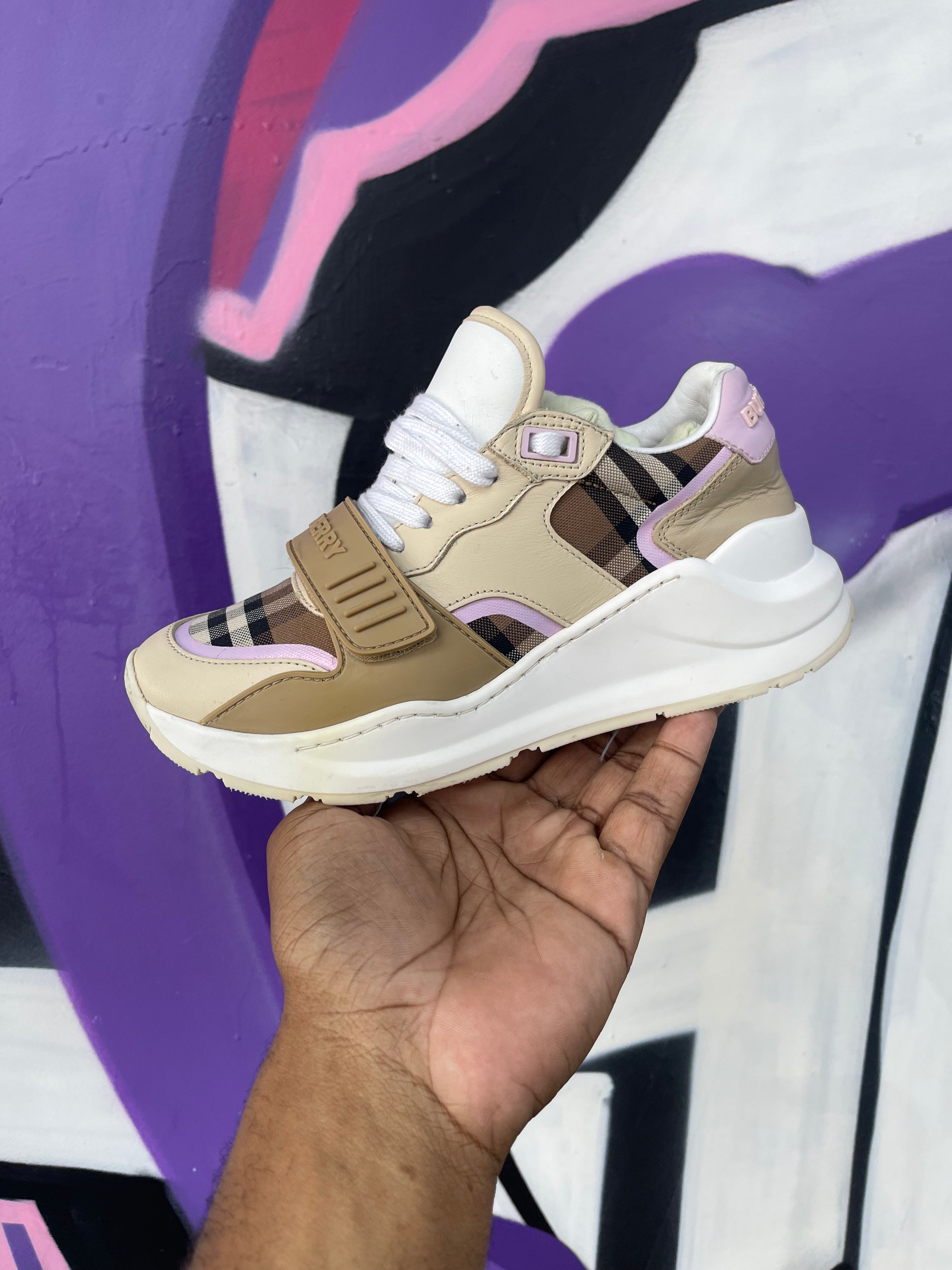 Burberry Tan Pink Ramsey Strap Sneakers