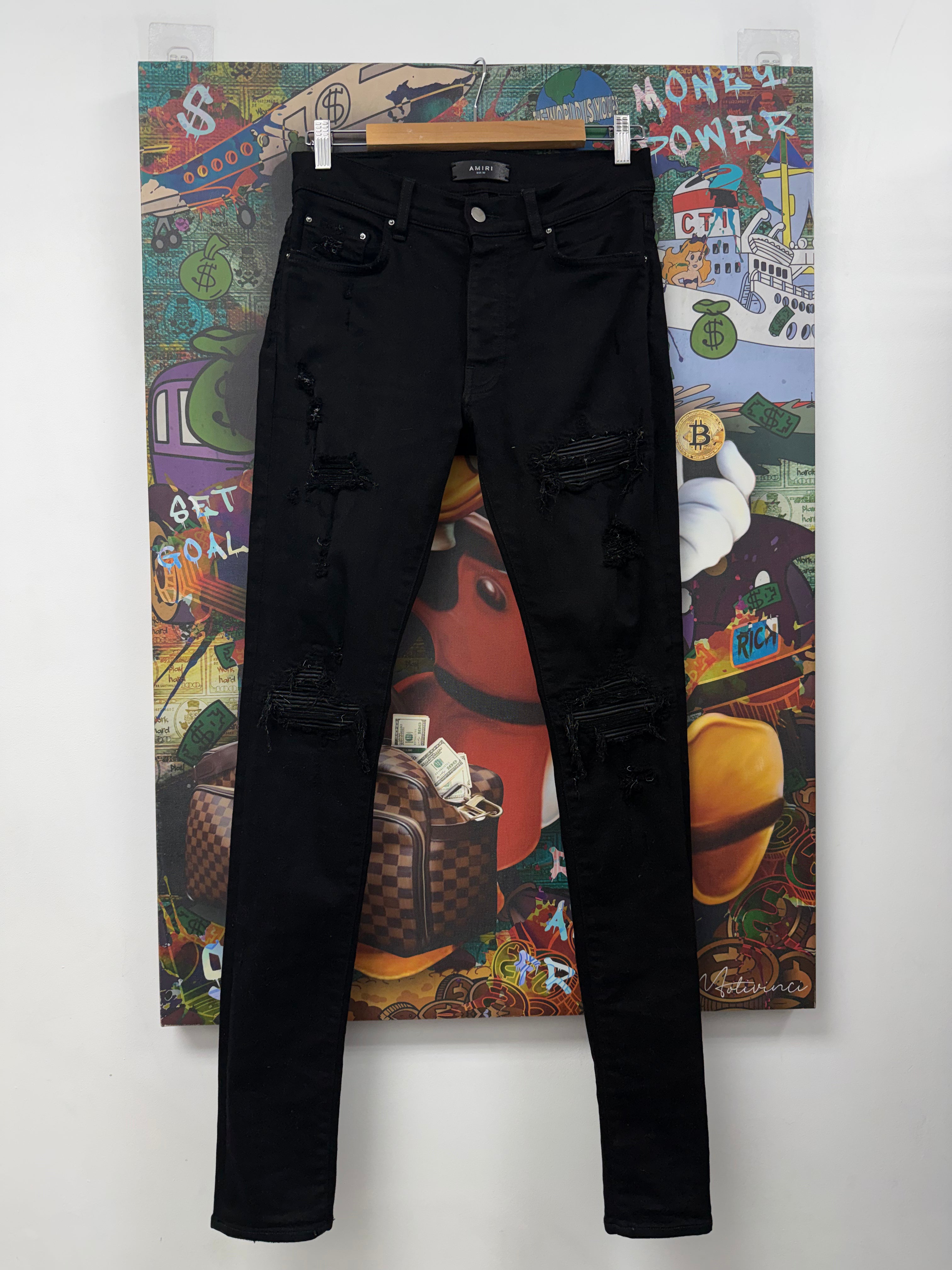 Amiri MX1 Black Black Leather Patch Jeans