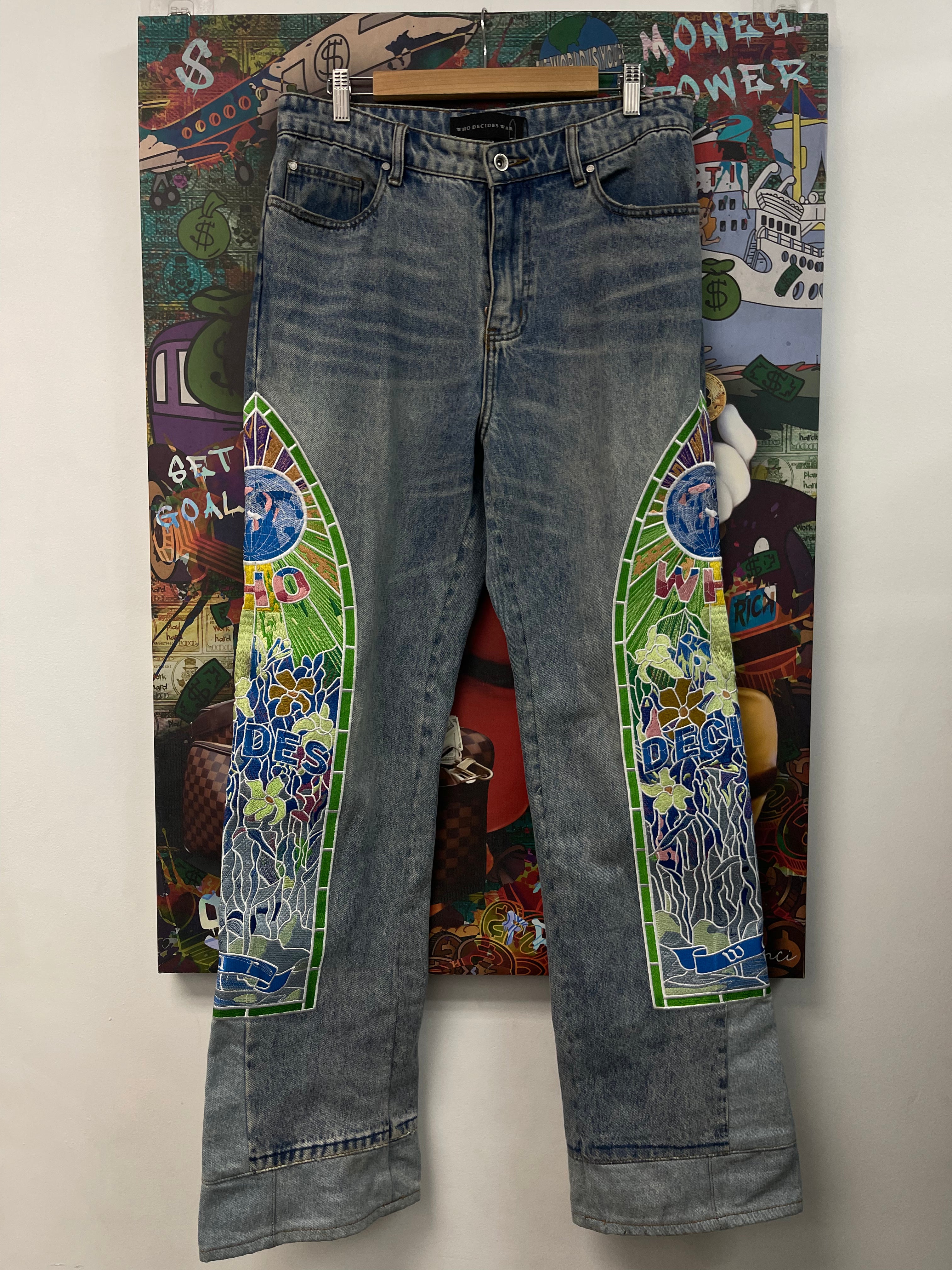 Who Decides War Light Wash Multi Color Stained Glass Side Embroidery Jeans