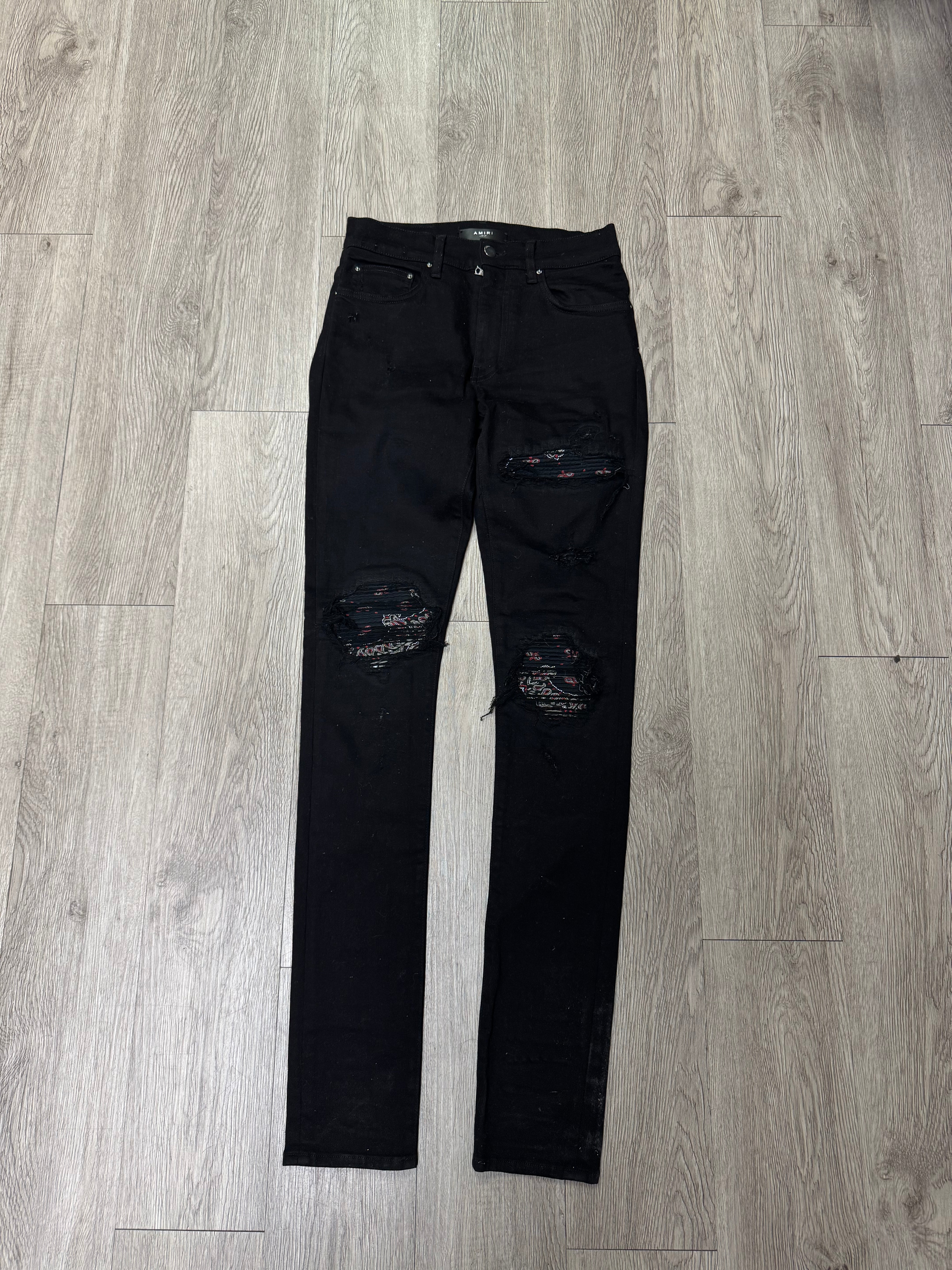Amiri MX1 Black Red Paisley Patch Jeans