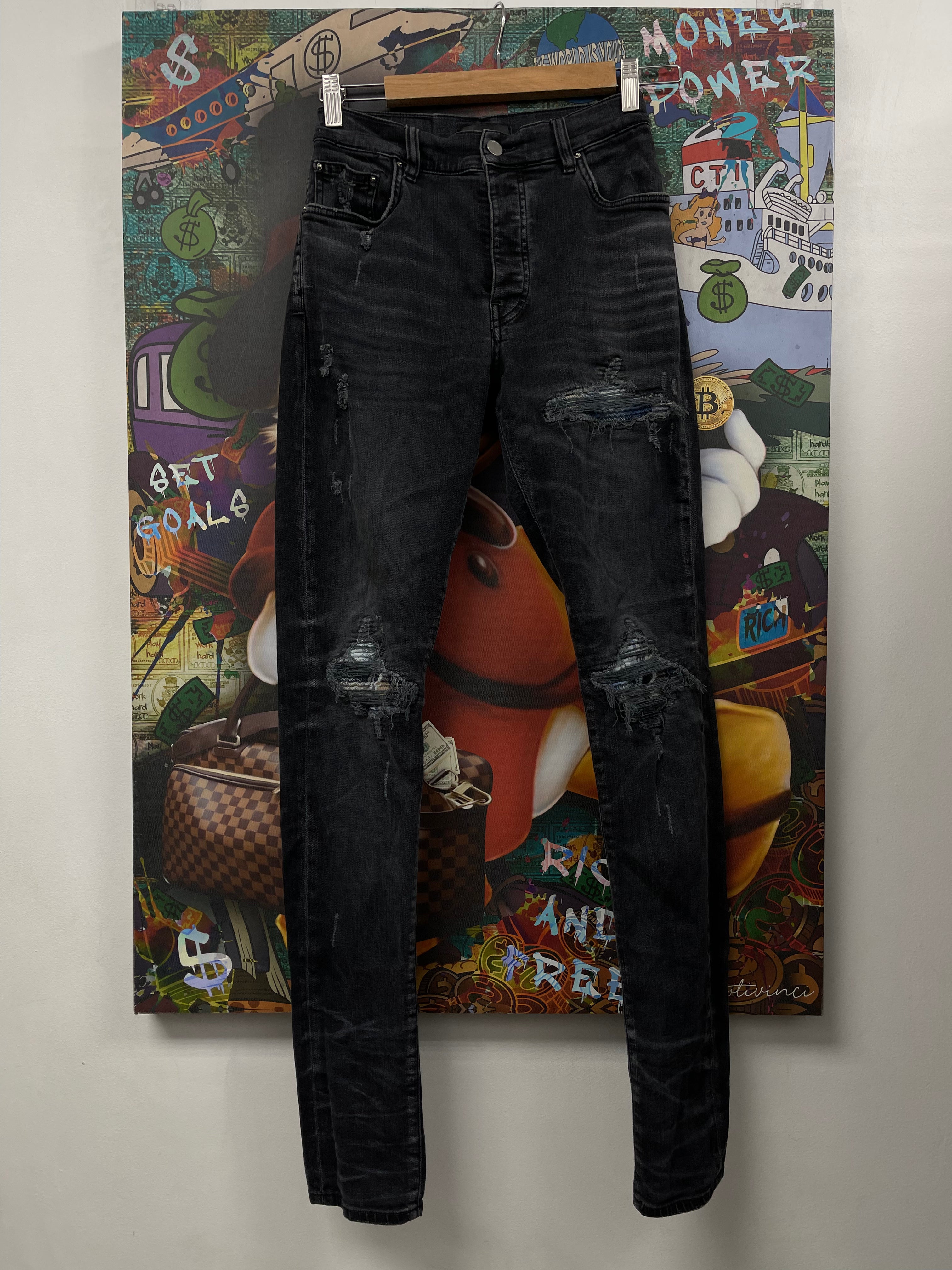 Amiri MX1 Black Blue Beige Patch Jeans
