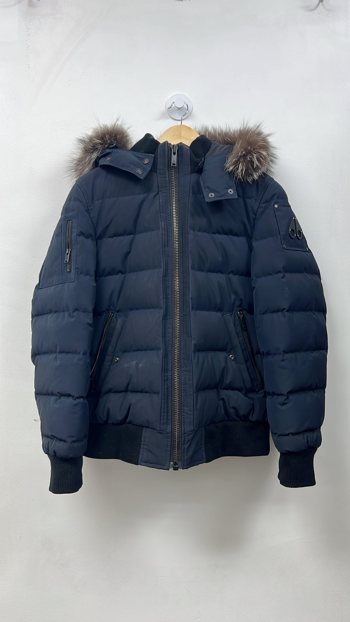 Moose Knuckles Navy Black Ladriere Shearling Bomber Jacket