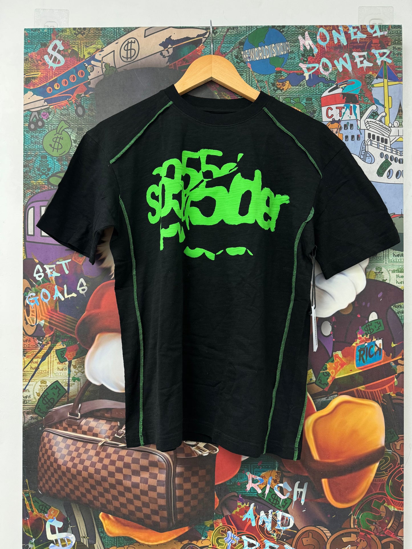 Sp5der Tee Stitch Logo Tee Black Slime Green New Small (Fits XS) With Tags