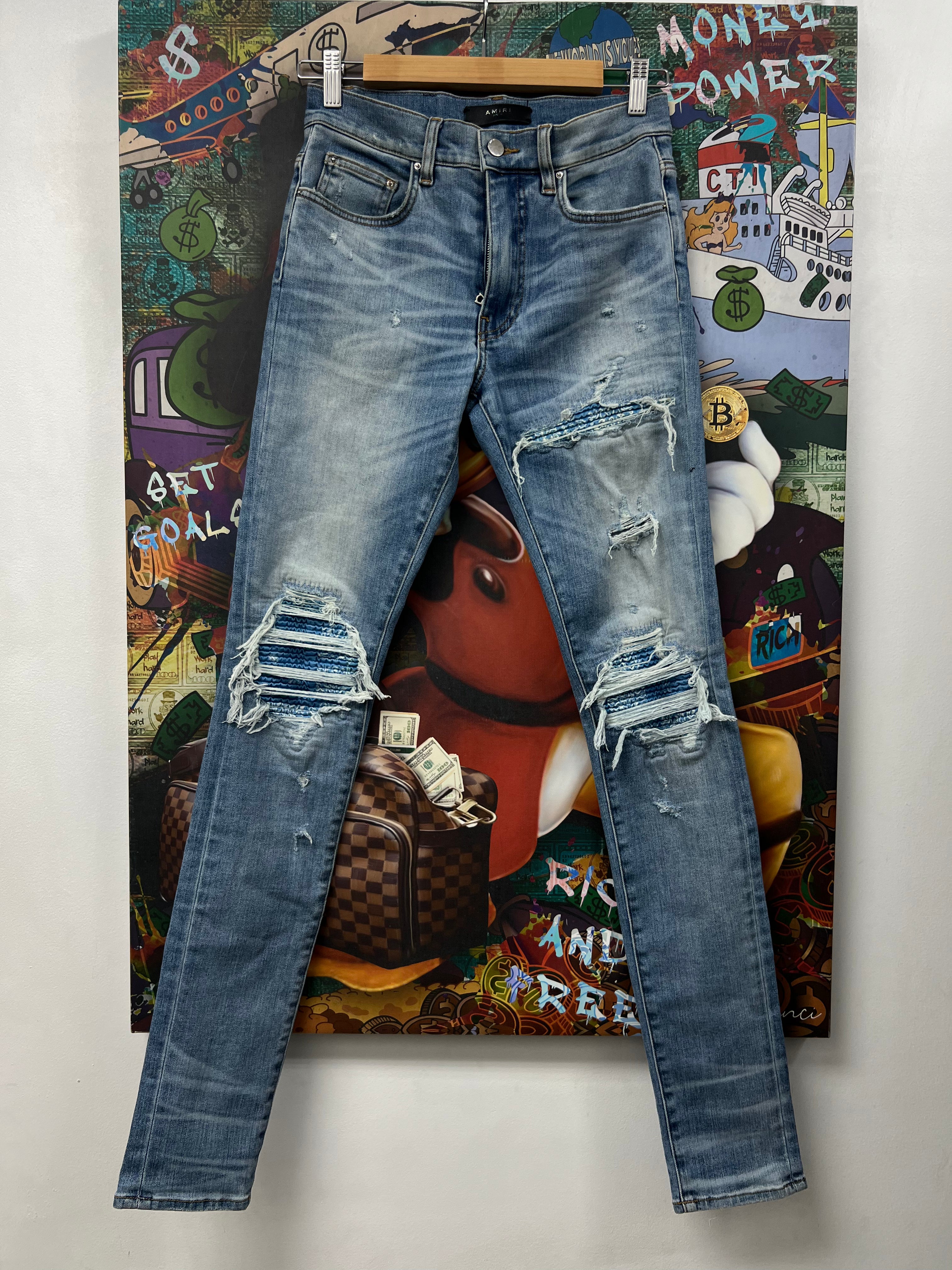 Amiri MX1 Light Wash Blue Paisley Patch Jeans
