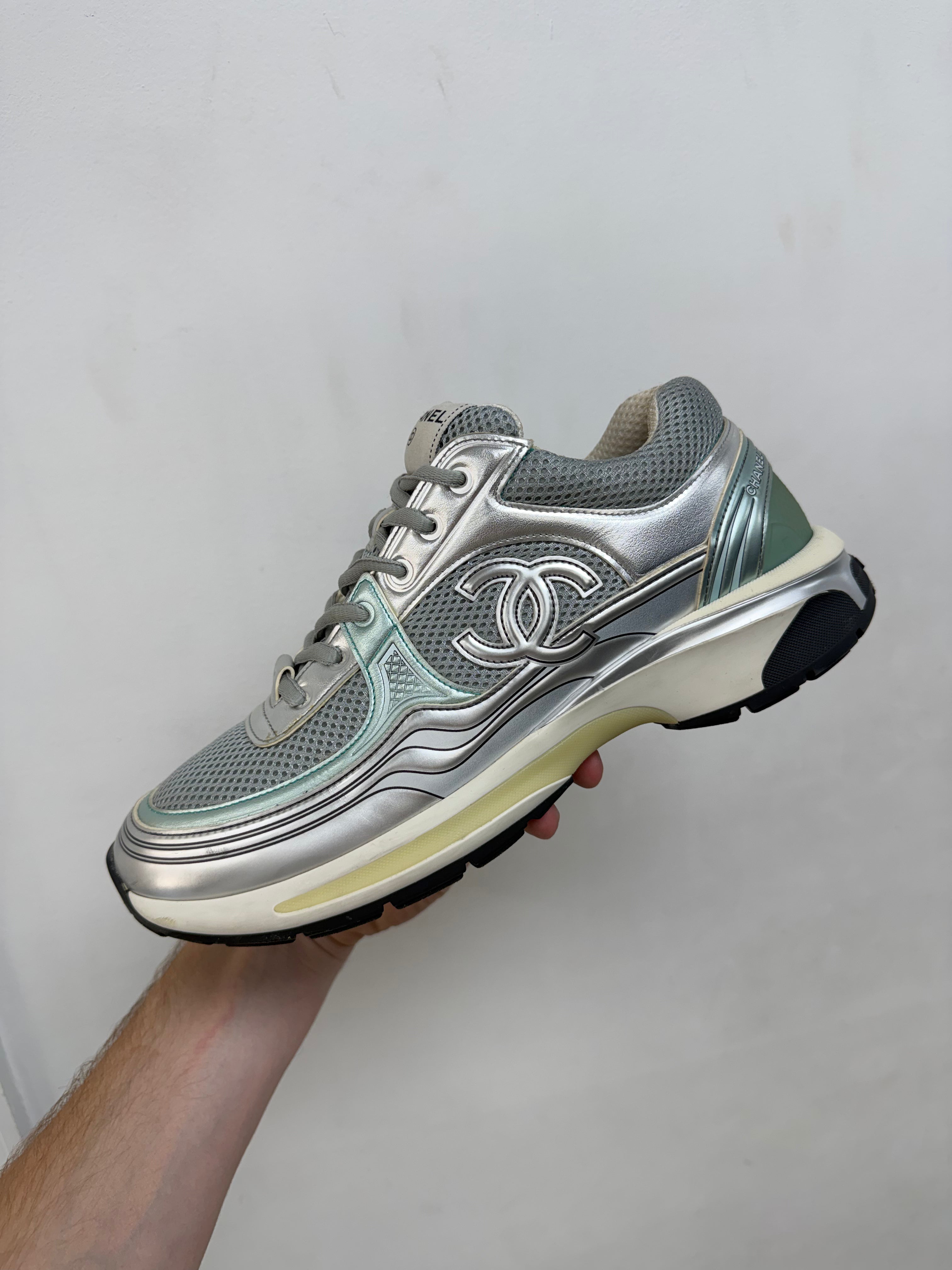 Chanel Teal Metallic Runner Sneakers