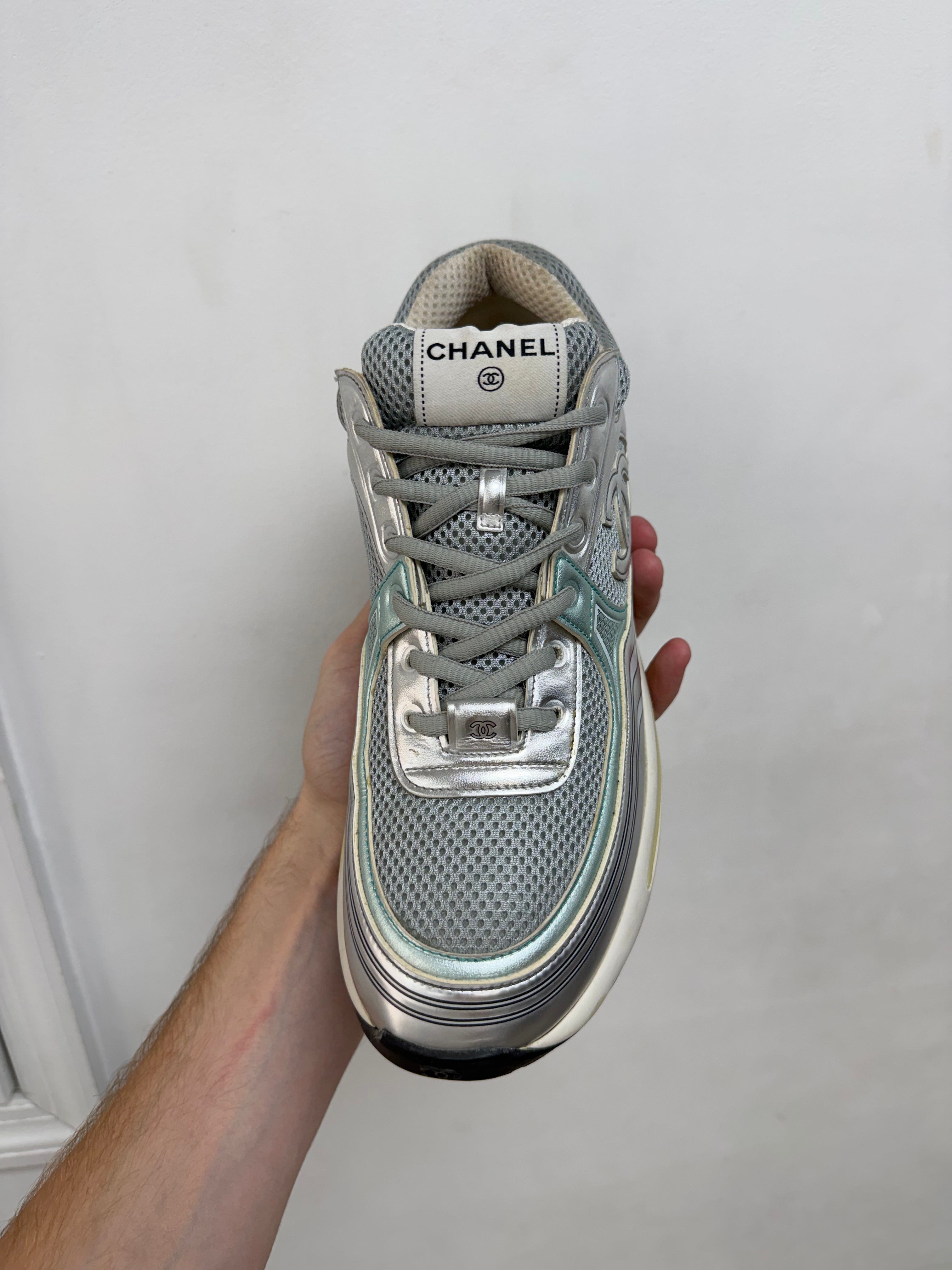 Chanel Teal Metallic Runner Sneakers