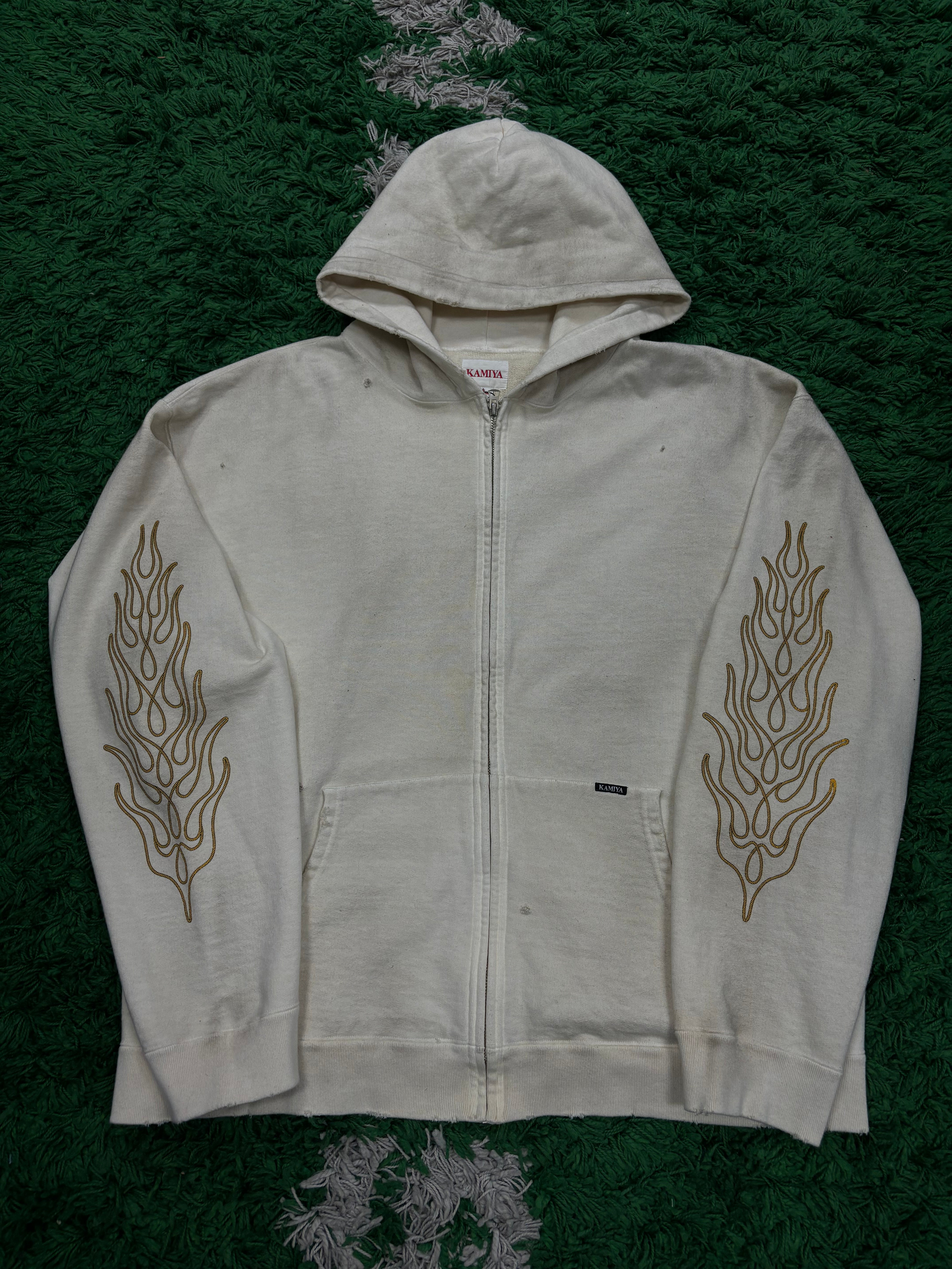 KAMIYA Distressed Flames Zip Up Beige Used XL