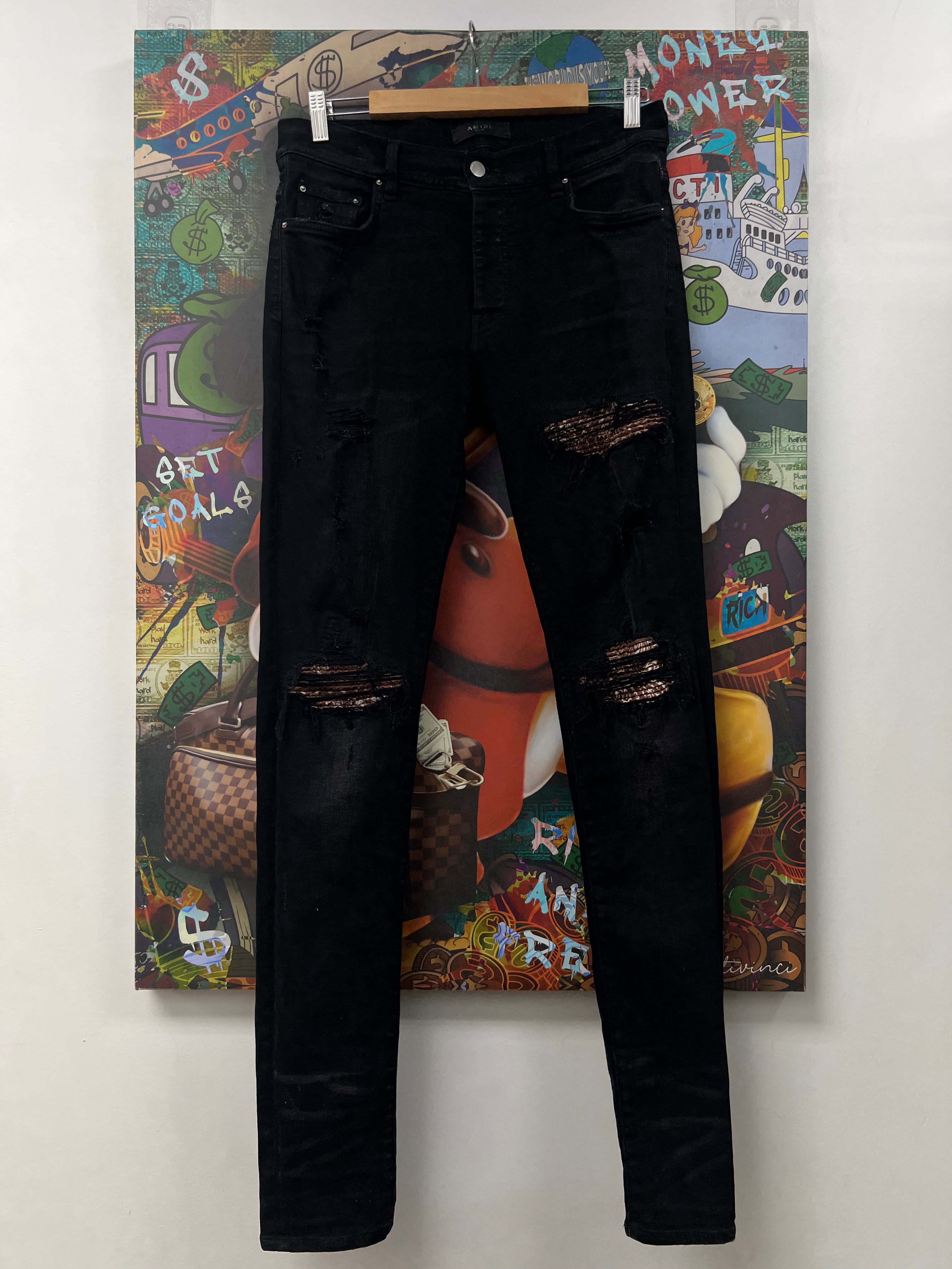 Amiri MX1 Black Wash Brown Paisley Patch Jeans