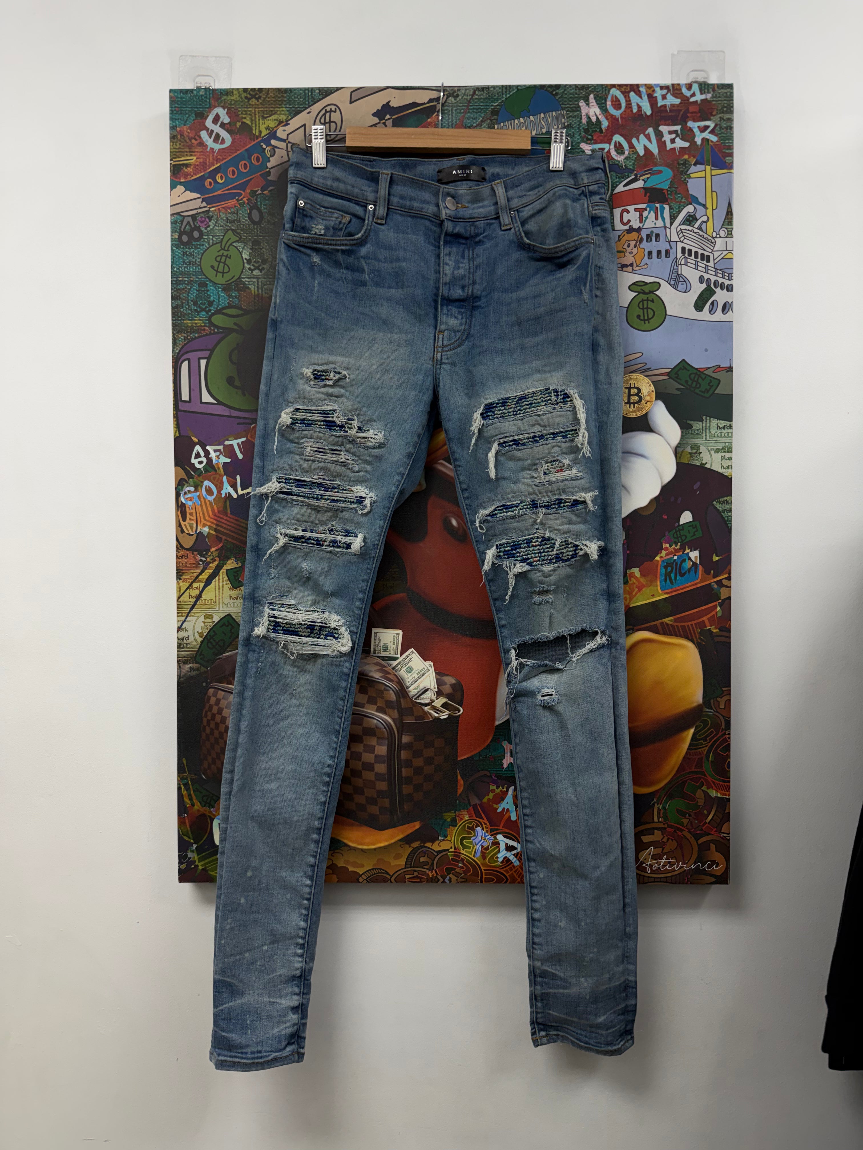 Amiri Light Wash Blue Green Paisley Jeans