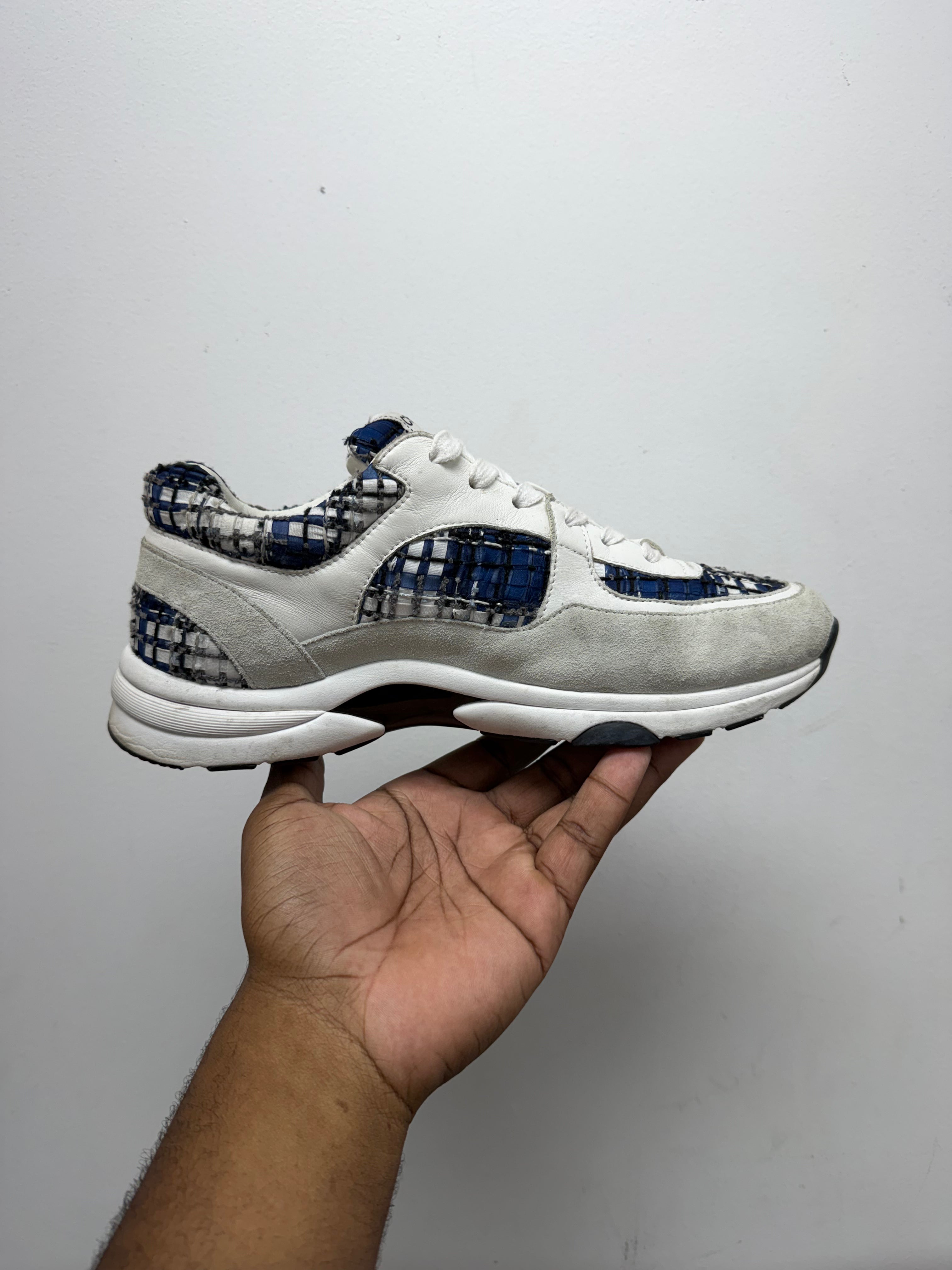 Chanel Blue White CC Tweed Sneakers