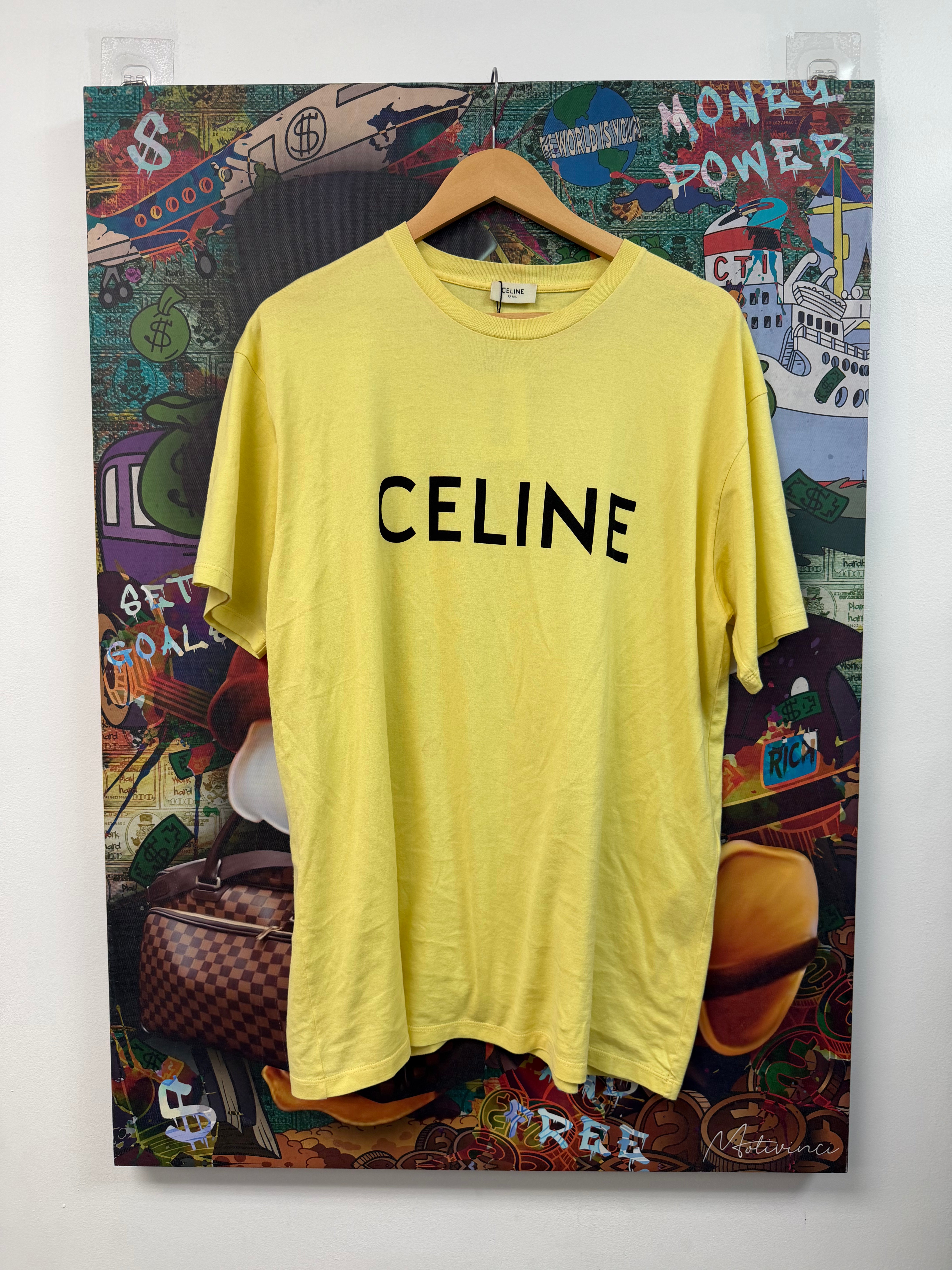 Celine Lemon Black Spellout Logo Tee