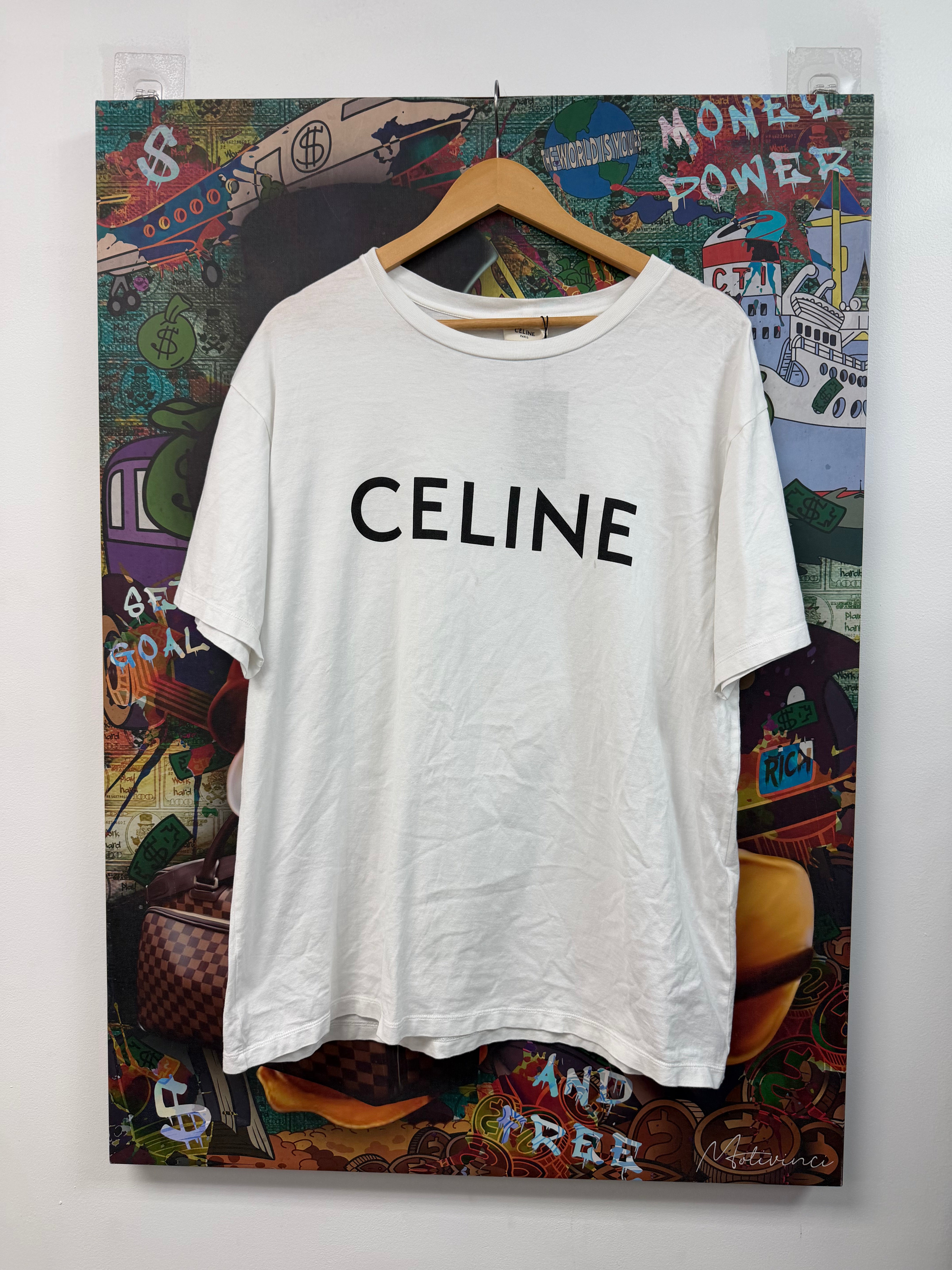 Celine White Black Spellout Logo Tee
