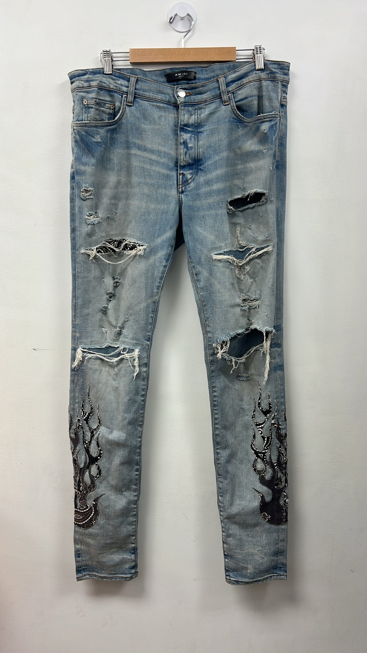 Amiri Light Wash Black Bandana Flames Jeans
