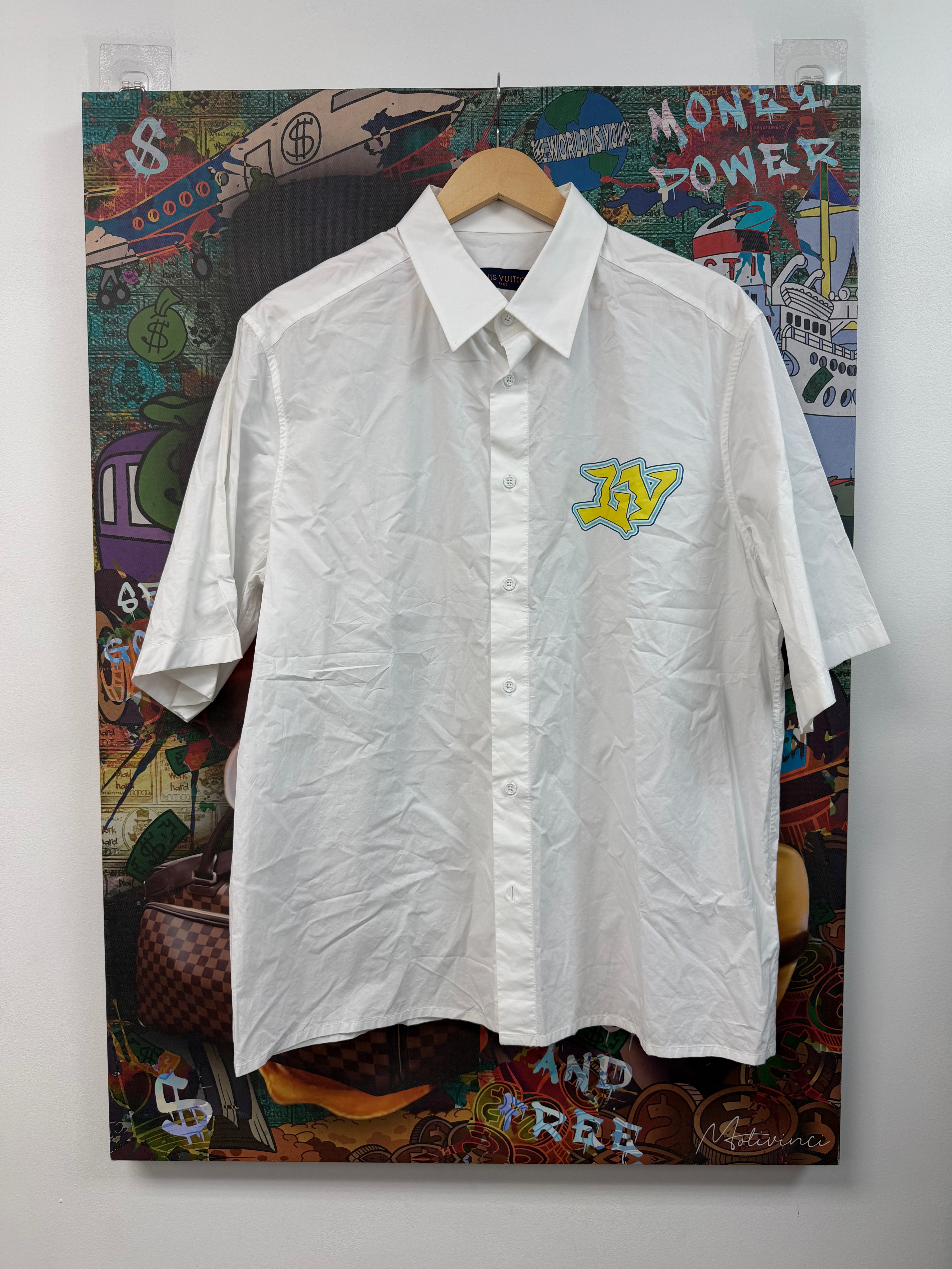 LV White Yellow LVSE Logo Button Up Shirt