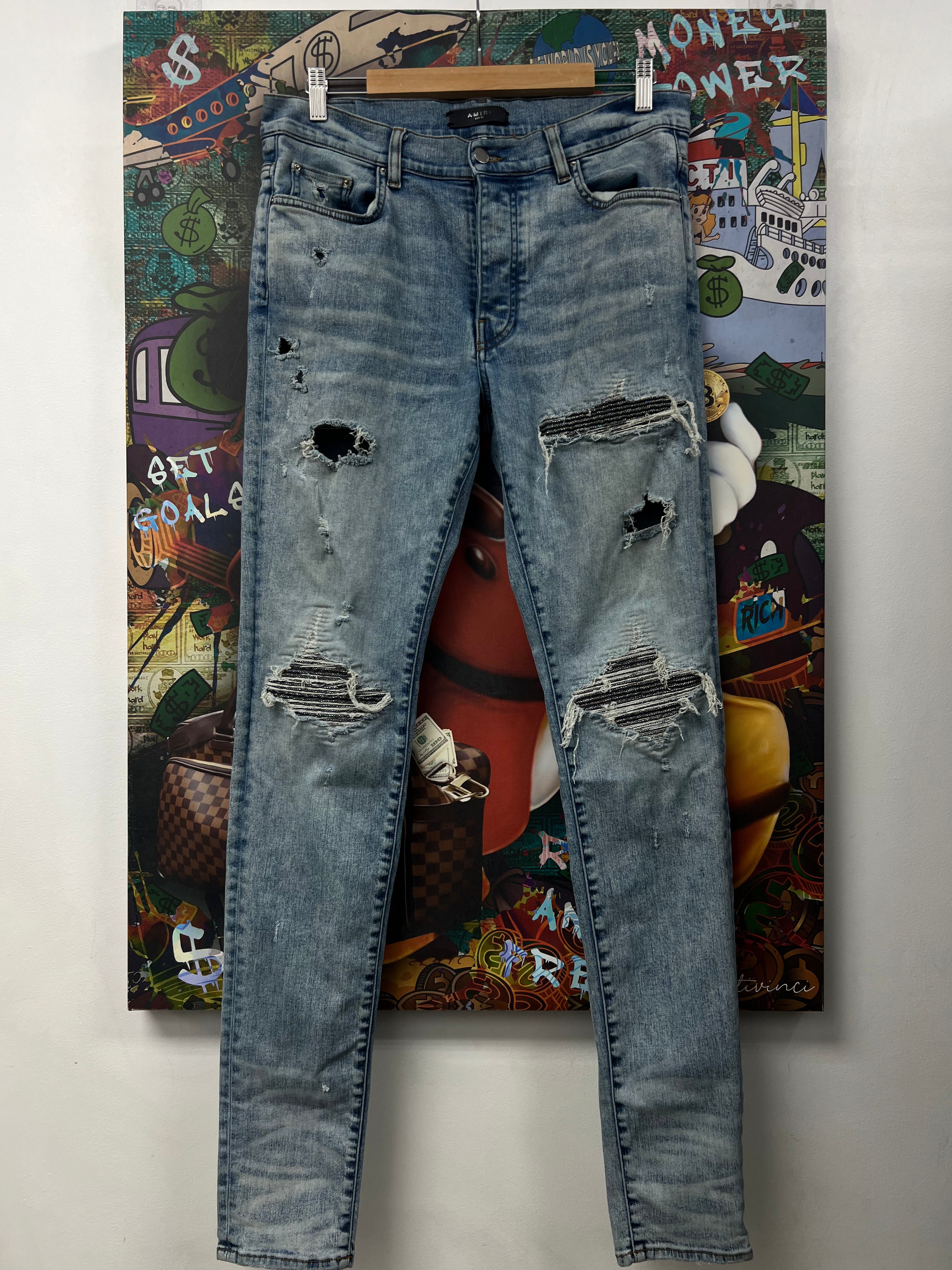 Amiri MX1 Light Wash Iridescent Patch Jeans