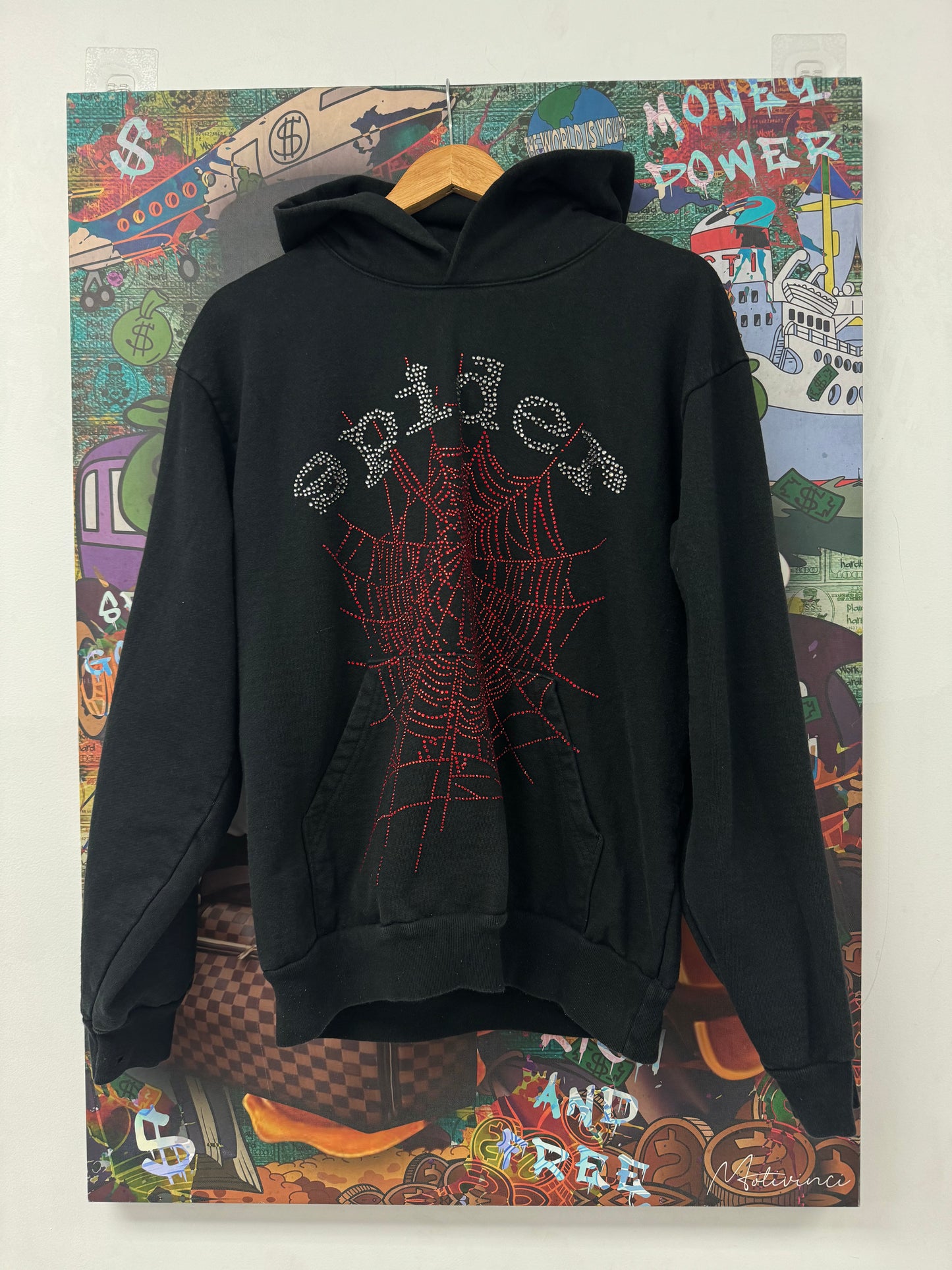 Sp5der Hoodie Black Rhinestone Used Medium N/A