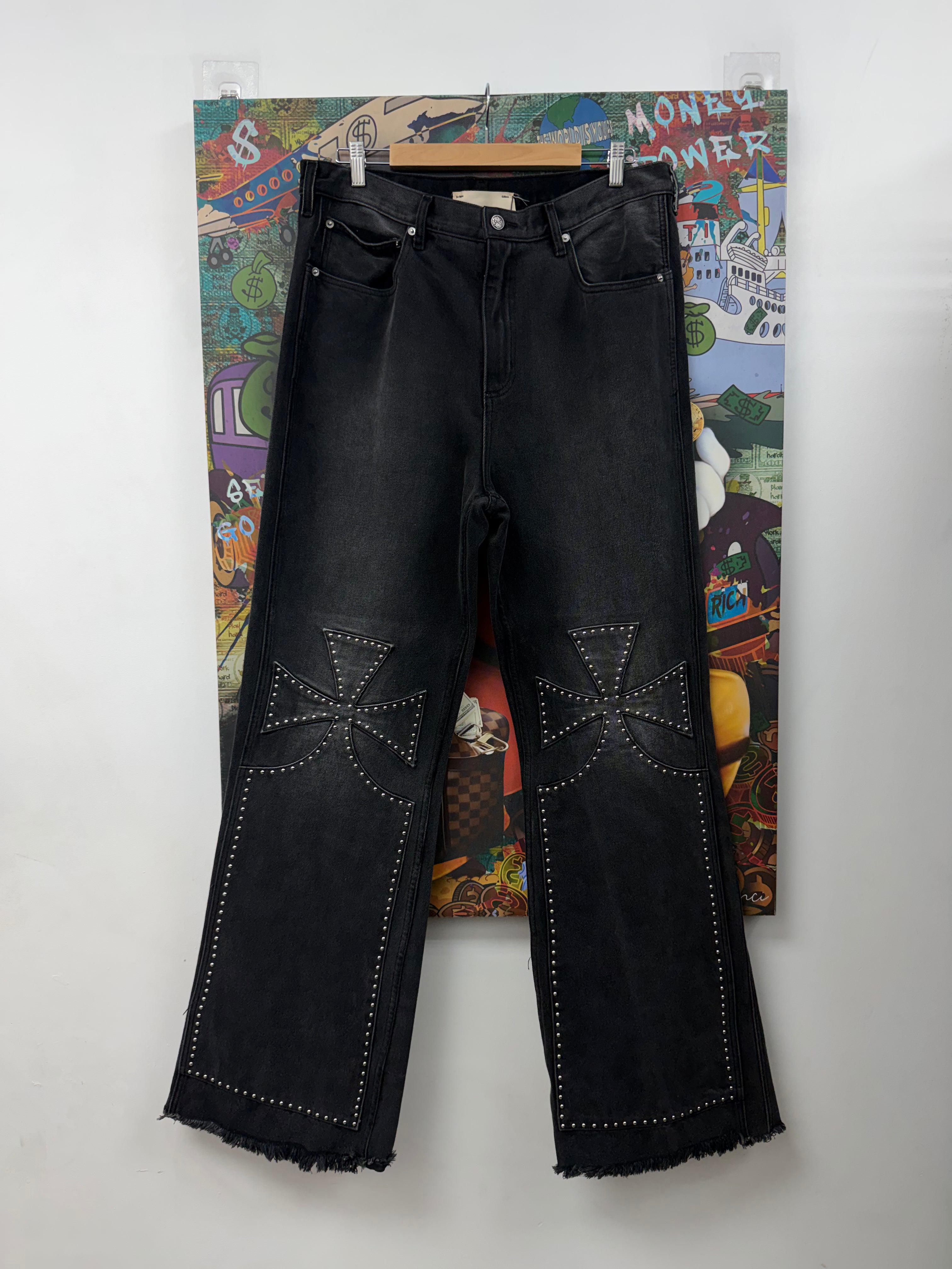 The Sekrit Saints Black Wash Studded Chopper Jeans