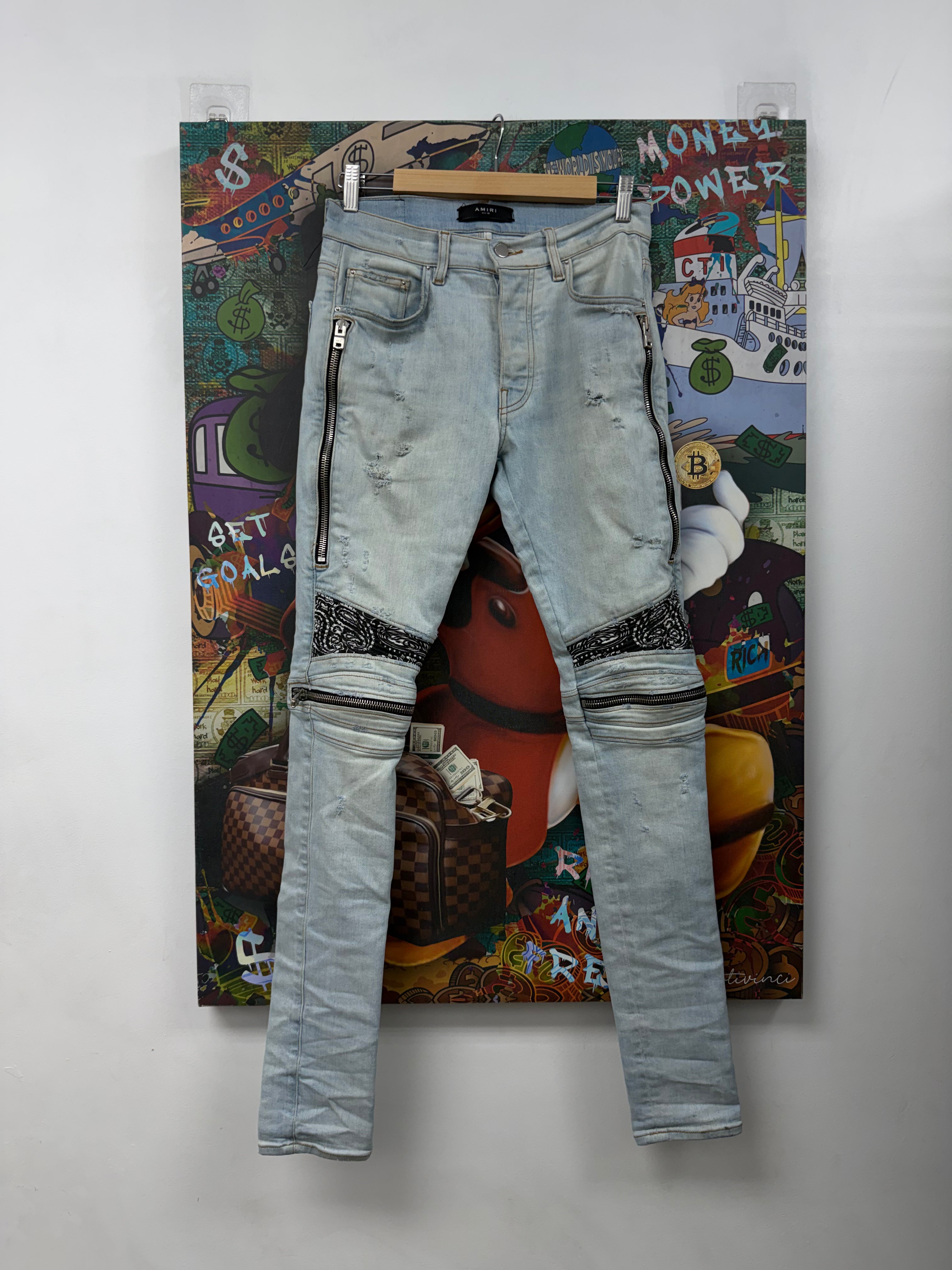 Amiri MX2 Light Wash White Paisley Patch Jeans