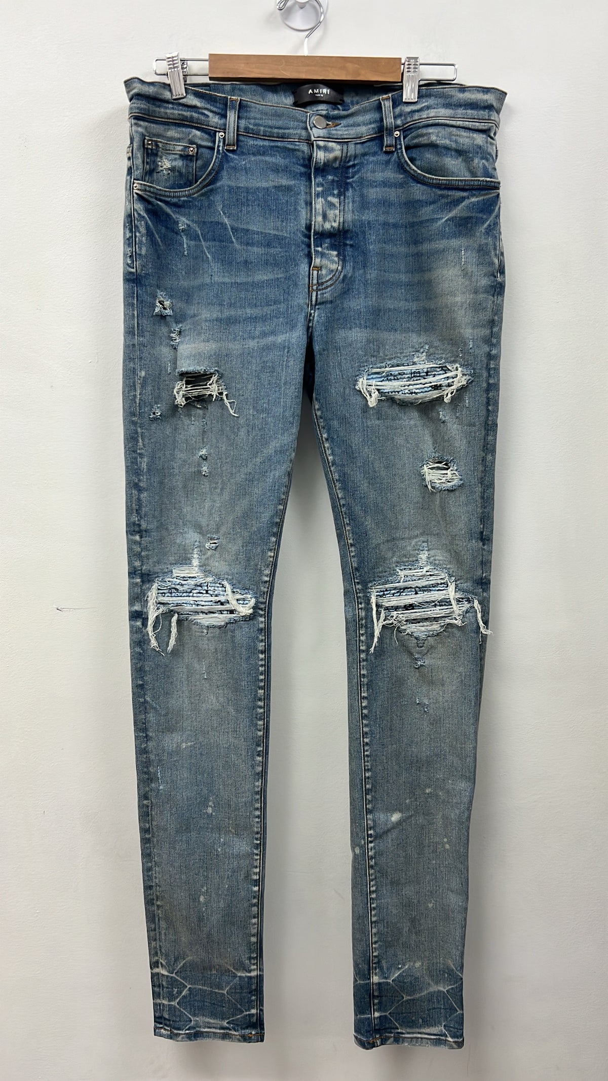 Amiri MX1 Light Wash Baby Blue Paisley Patch Jeans