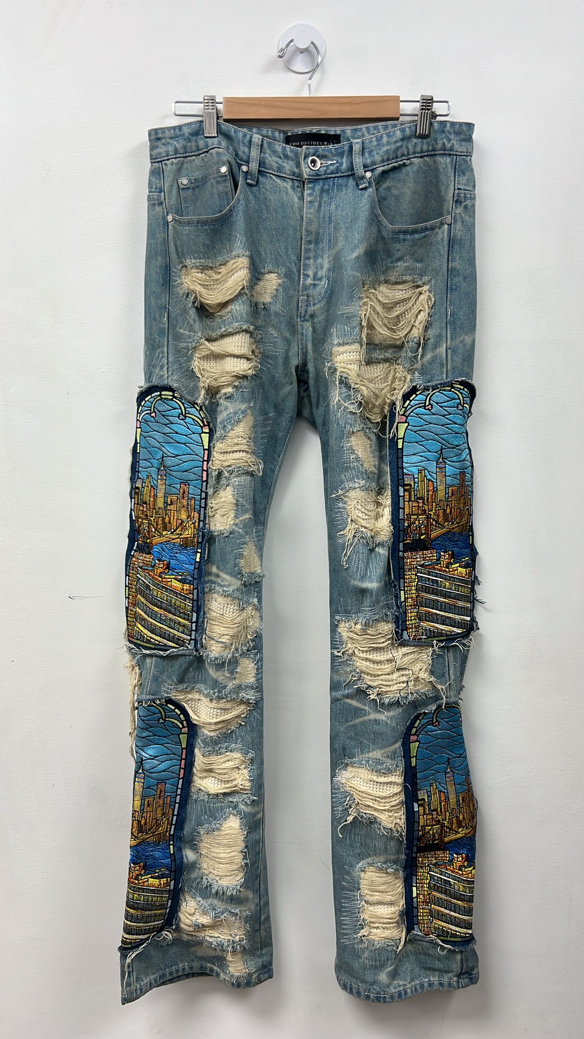 Who Decides War Light Wash Stained Glass City Skyline Jeans