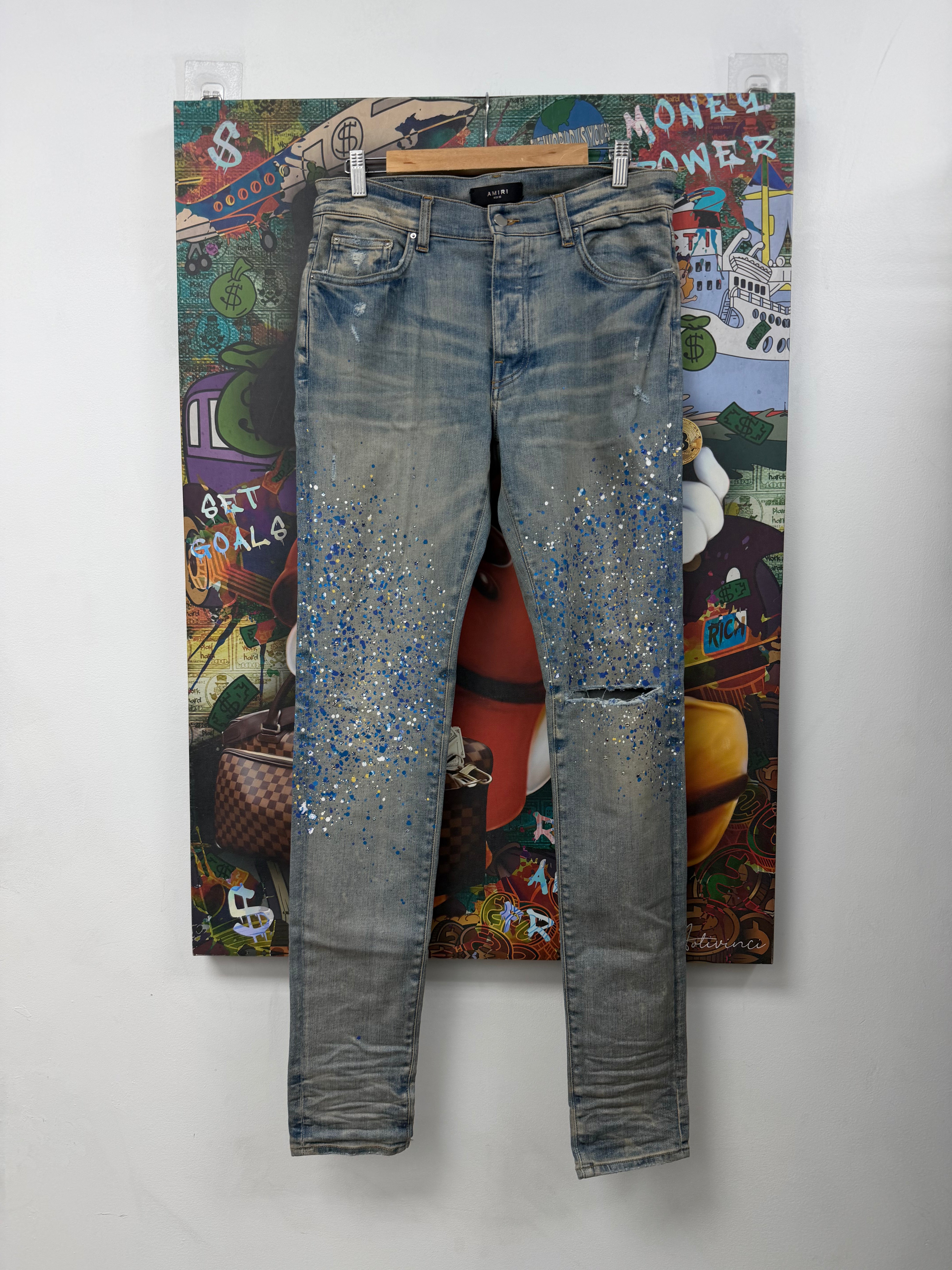 Amiri Light Wash Crystal Painter Splatter Jeans