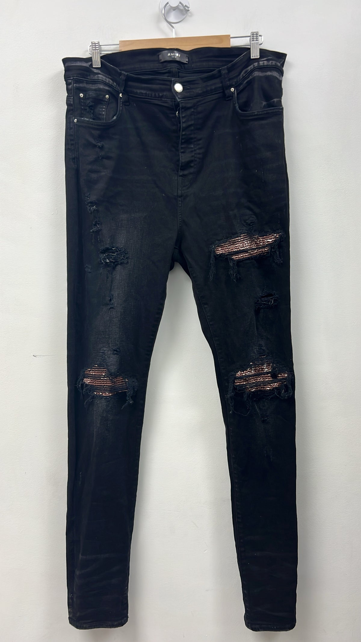 Amiri MX1 Black Wash Brown Paisley Patch Jeans