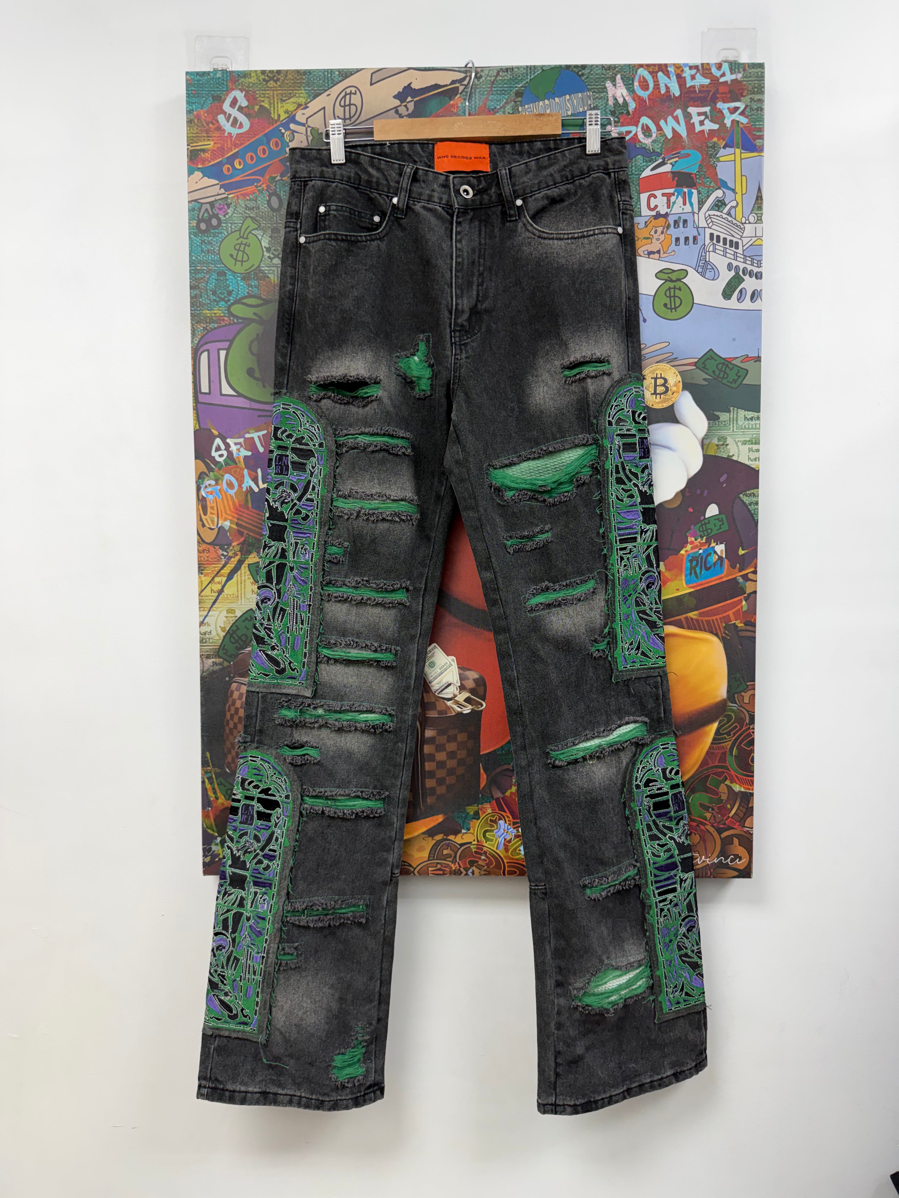 Who Decides War Black Wash Purple Green Stained Glass Jeans