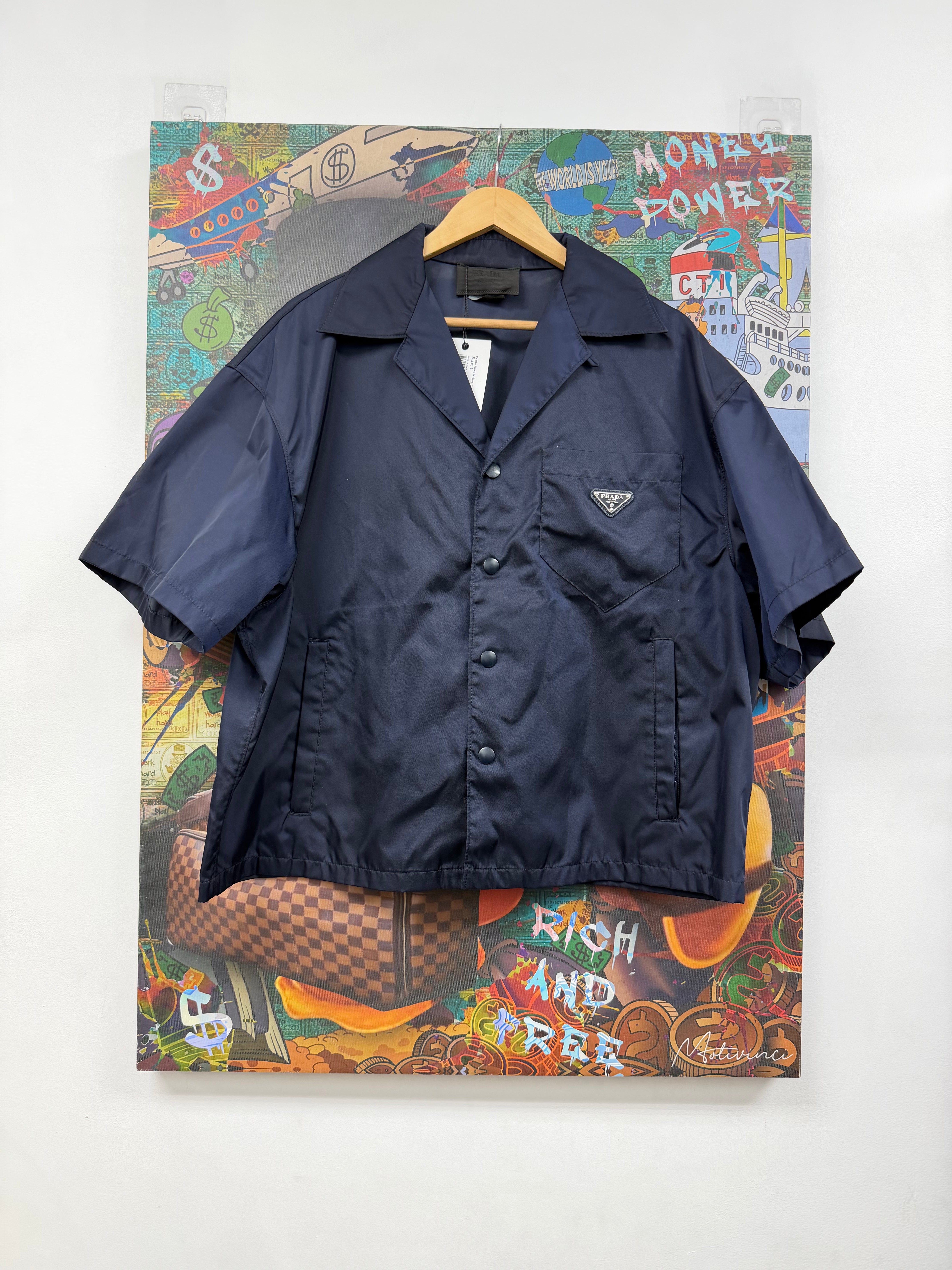 Prada Navy Nylon Plaque Button Up