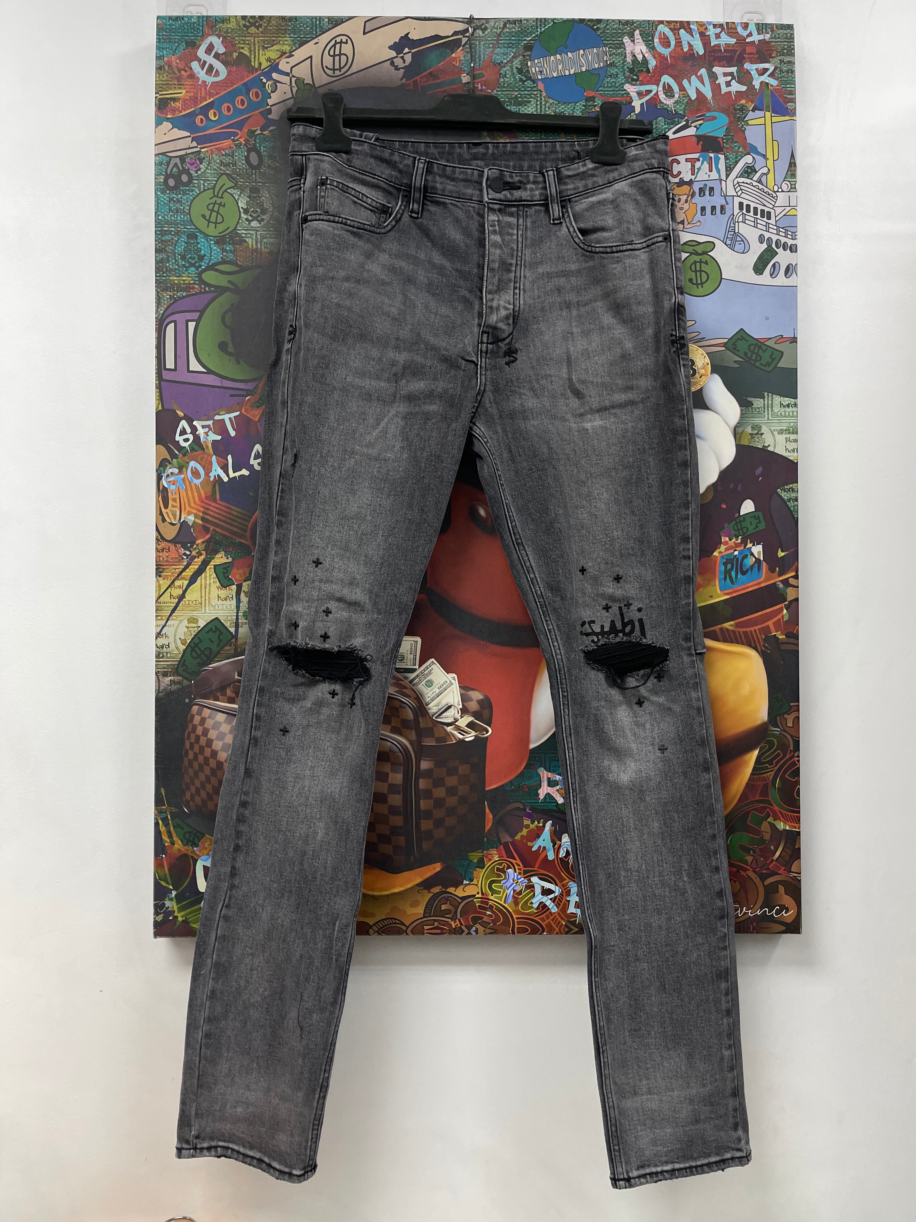 Ksubi Grey Knee Logo Ripped Jeans
