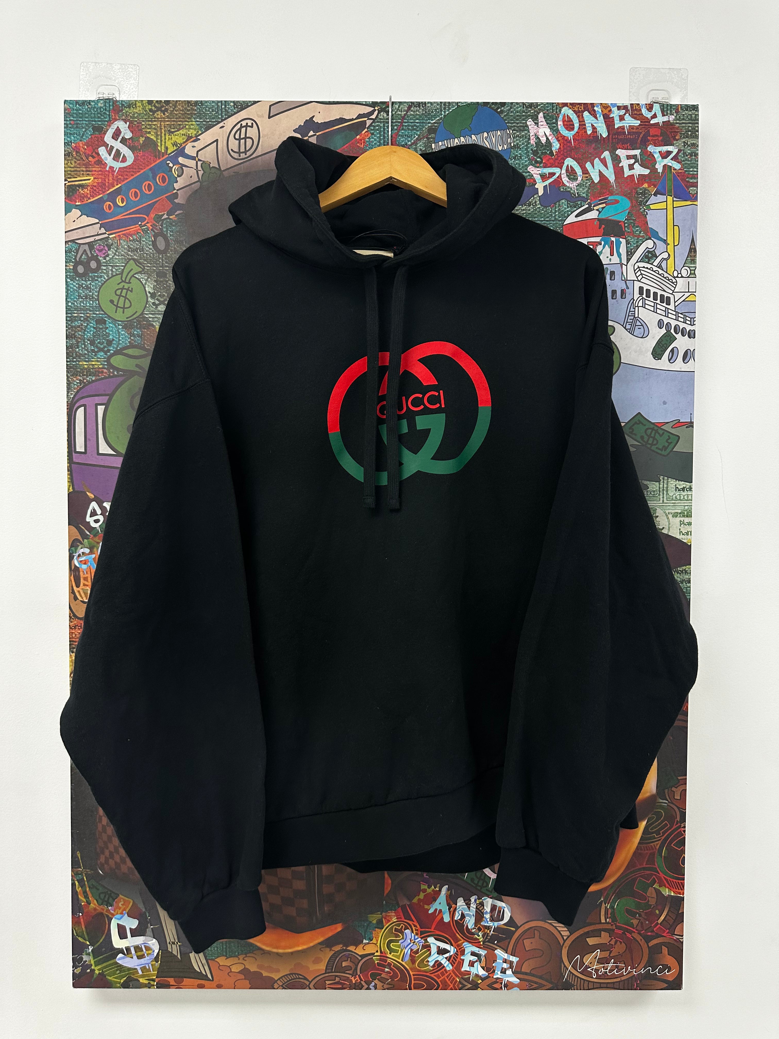 Gucci GG Chest Logo Hoodie Black Green Red Medium Used