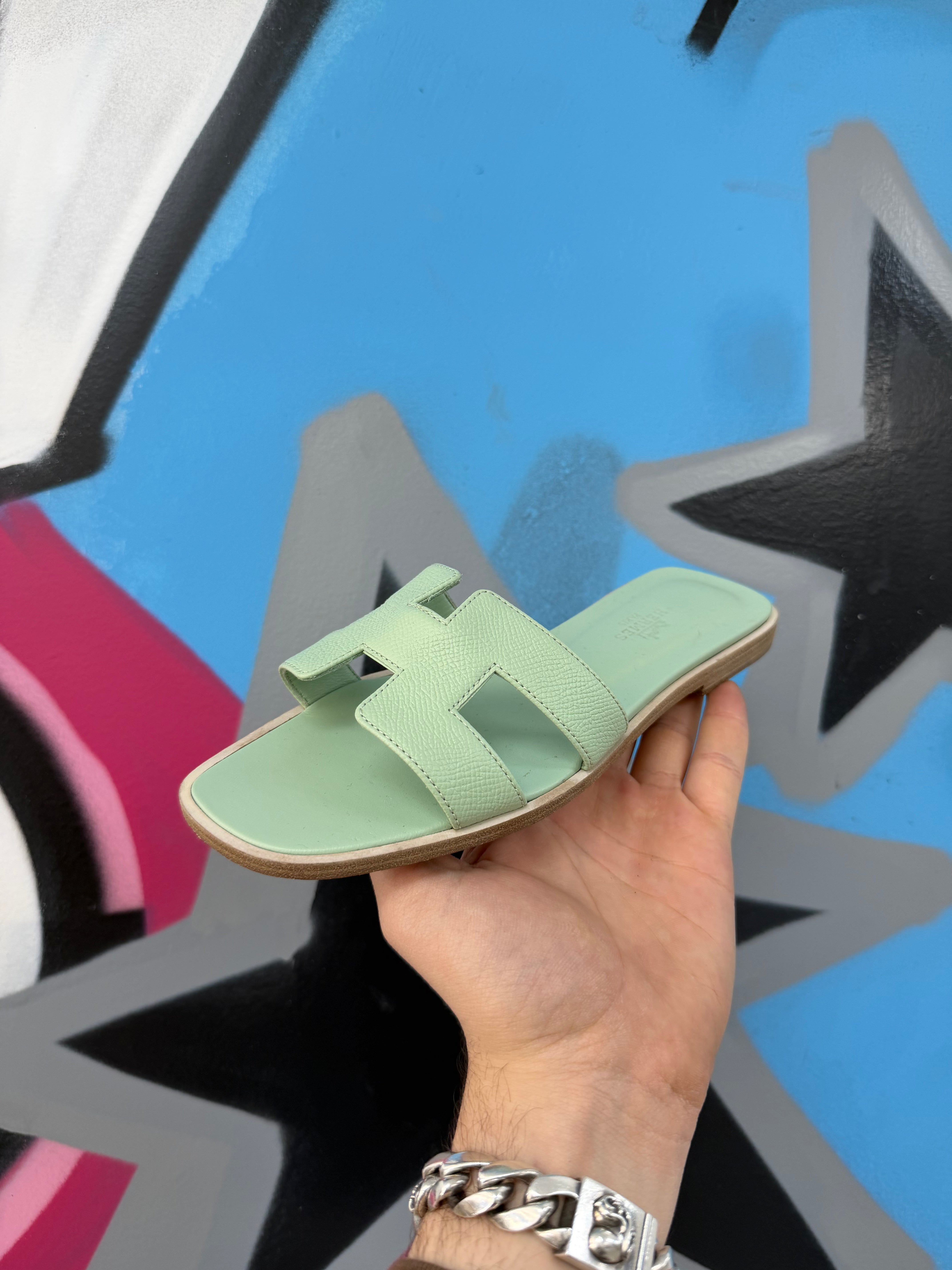 Hermes Mint Green Oran Slides