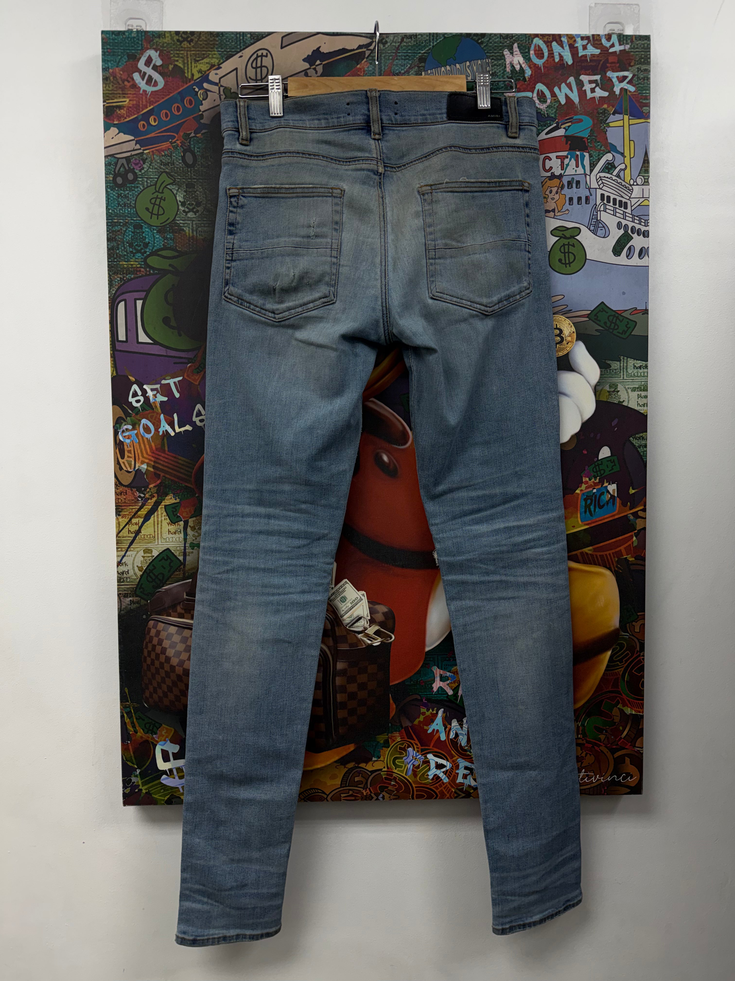 Amiri MX1 Light Wash Black Leather Patch (Zipper) Jeans