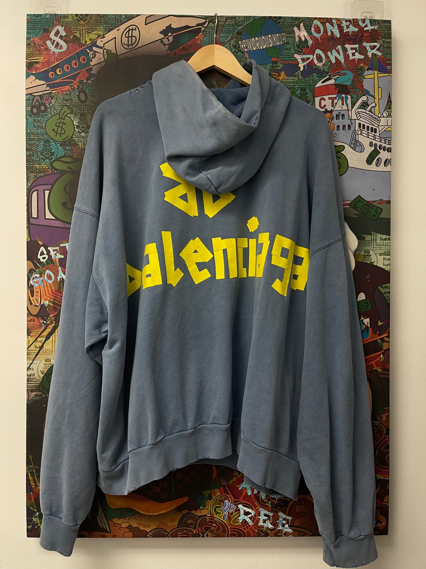 Balenciga Distressed Tape Logo Hoodie Blue Used